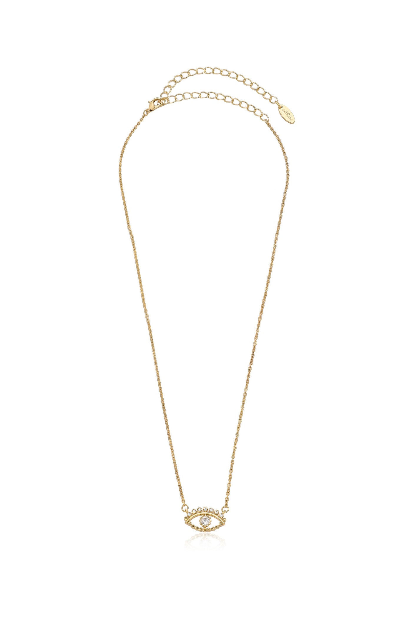 A delicate gold necklace features a central eye-shaped pendant adorned with small gems. It hangs gracefully, with an adjustable chain for varying lengths, set against a plain white background.