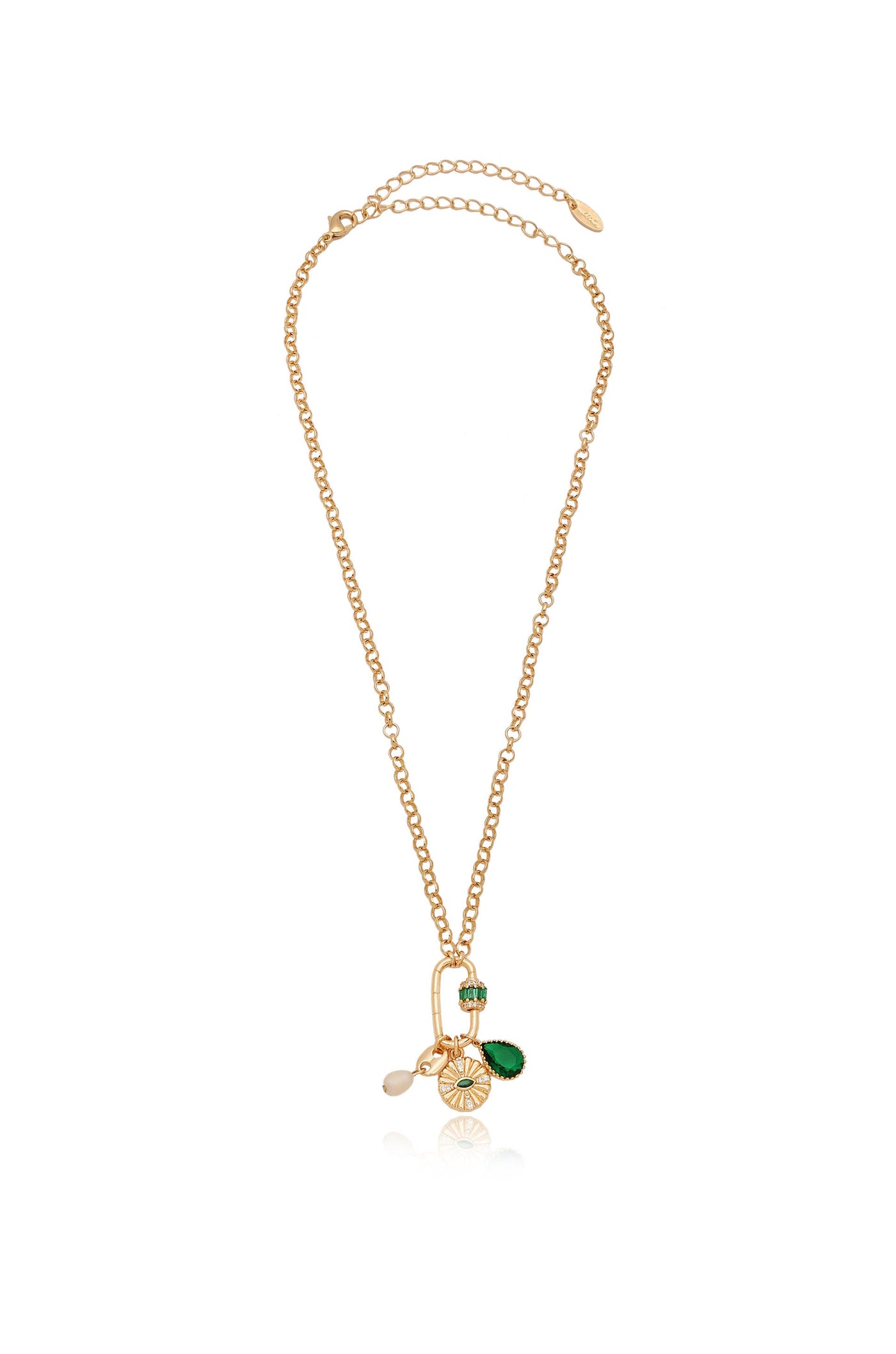 A gold necklace featuring a decorative pendant with various charms, including a circular design, a teardrop green stone, and a small bead. It hangs against a white background, emphasizing its elegance.