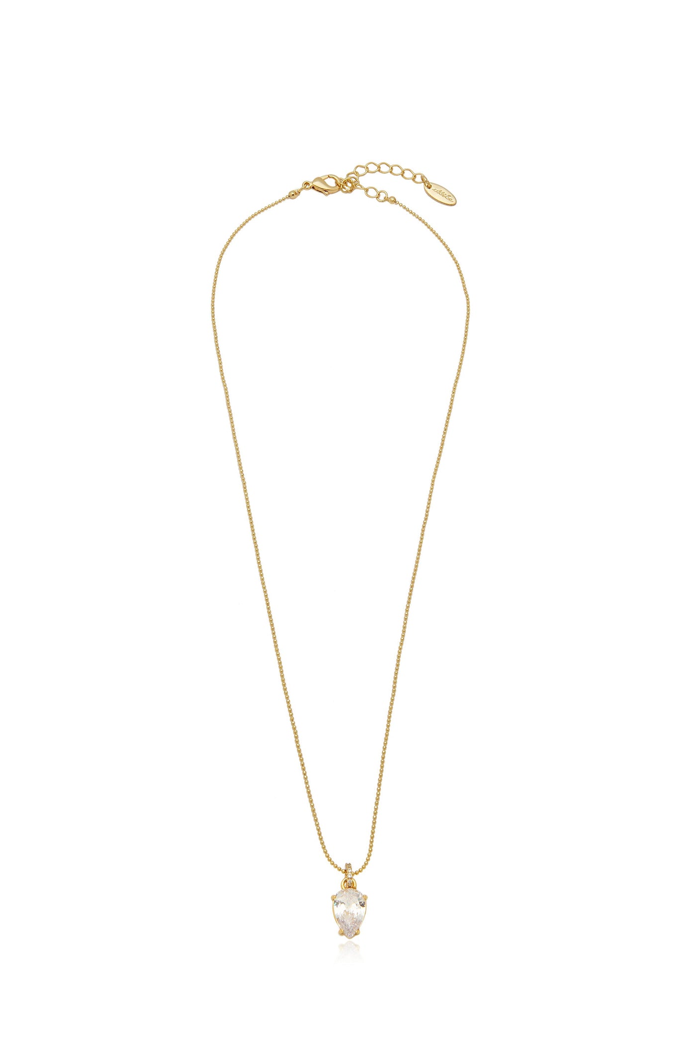 A delicate gold necklace featuring a sparkling heart-shaped pendant. It hangs elegantly against a blank, white background, emphasizing the jewelry's shine and craftsmanship.