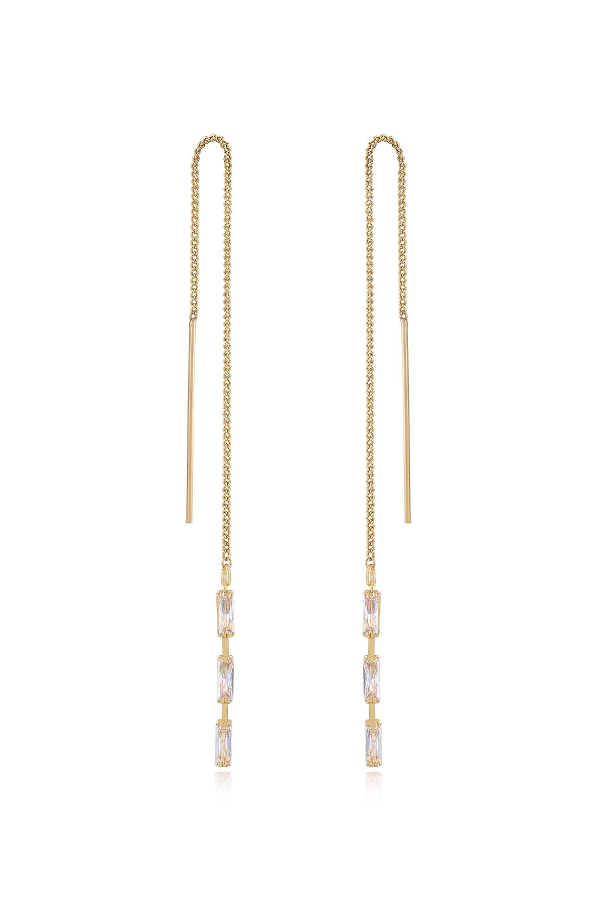 Crystal Baguette Threader Earrings in Clear Crystal with 18k Gold Plating, pair | Lady Black Tie