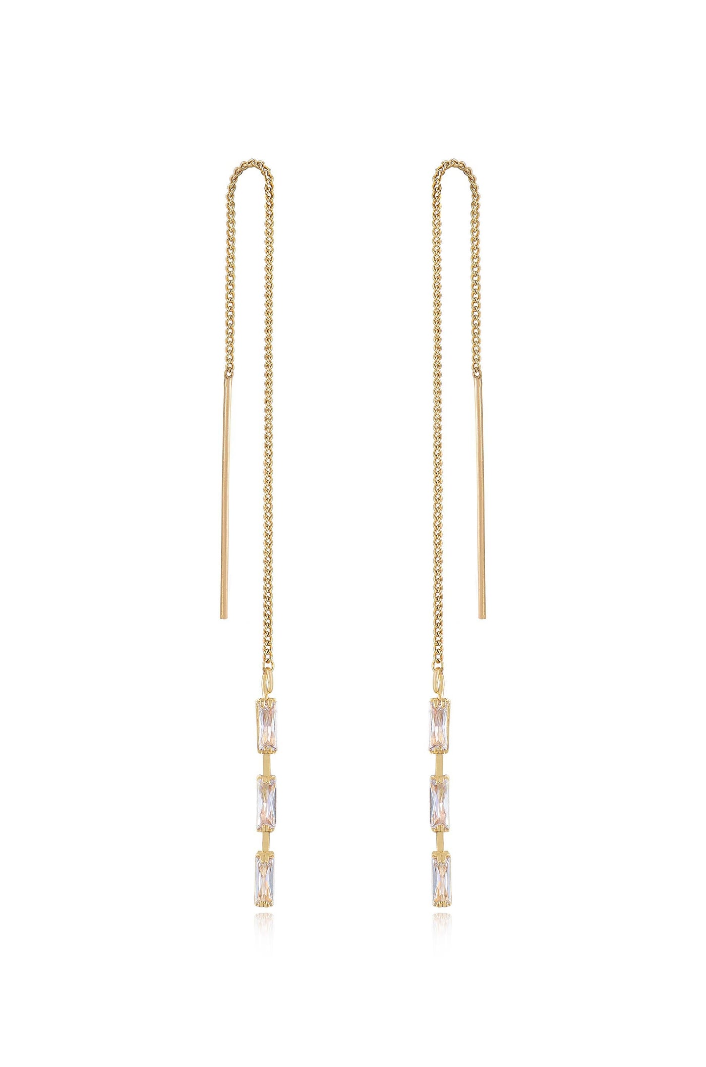 Gold chain earrings with elongated strands feature four rectangular crystals arranged vertically. They hang elegantly, likely intended for formal or stylish occasions, showcasing craftsmanship in jewelry design.