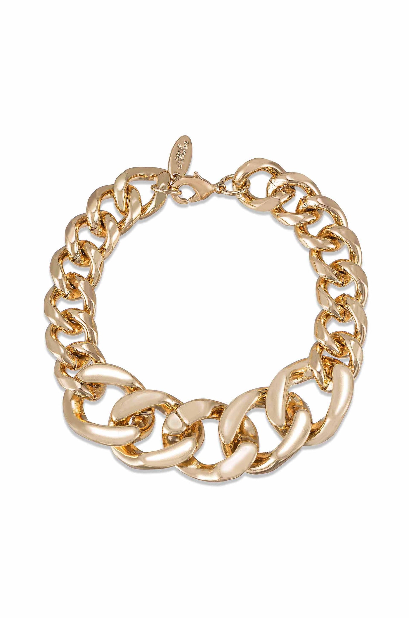 A gold chain bracelet lies flat, showcasing its overlapping links. It features a clasp for fastening, set against a white background that highlights its shine and smooth finish.