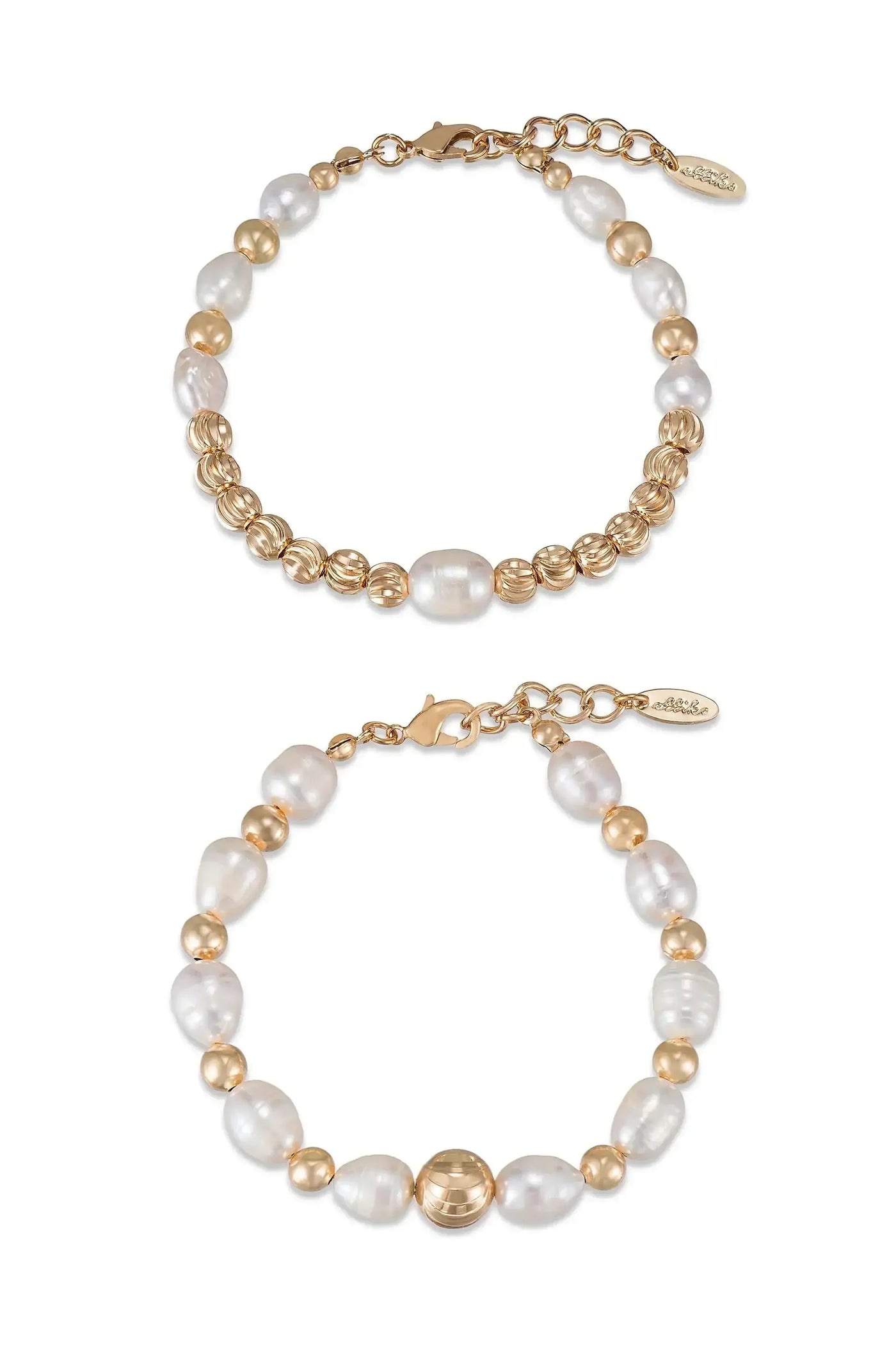 Two elegant bracelets are displayed, one above the other. Each features a combination of golden beads and lustrous white pearls, showcasing a stylish accessory suitable for various occasions.