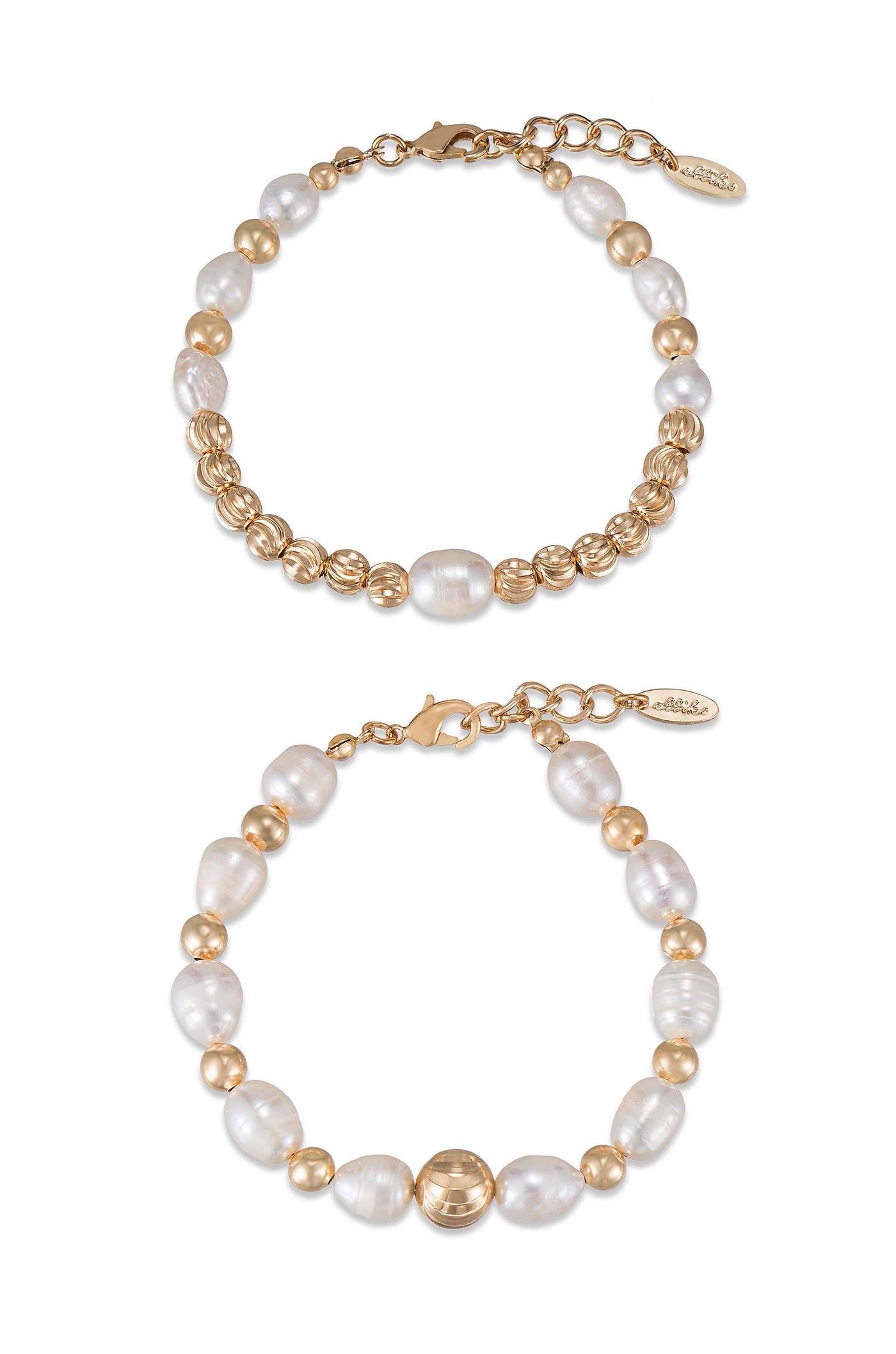 Two elegant bracelets are displayed, one above the other. Each features a combination of golden beads and lustrous white pearls, showcasing a stylish accessory suitable for various occasions.
