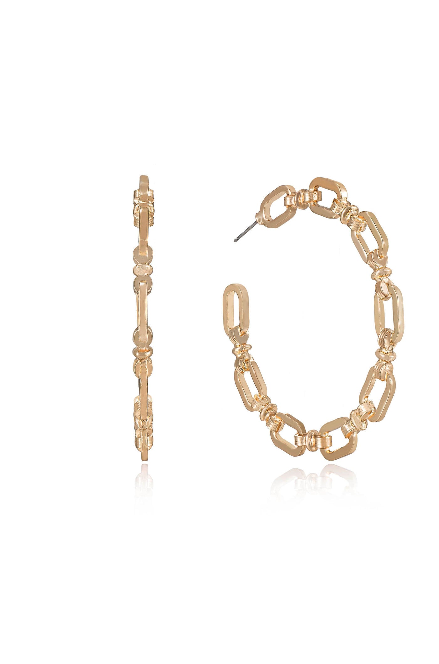 Gold hoop earrings with a linked chain design are displayed prominently. One earring shows a side view while the other reveals a front view, reflecting light against a plain background.