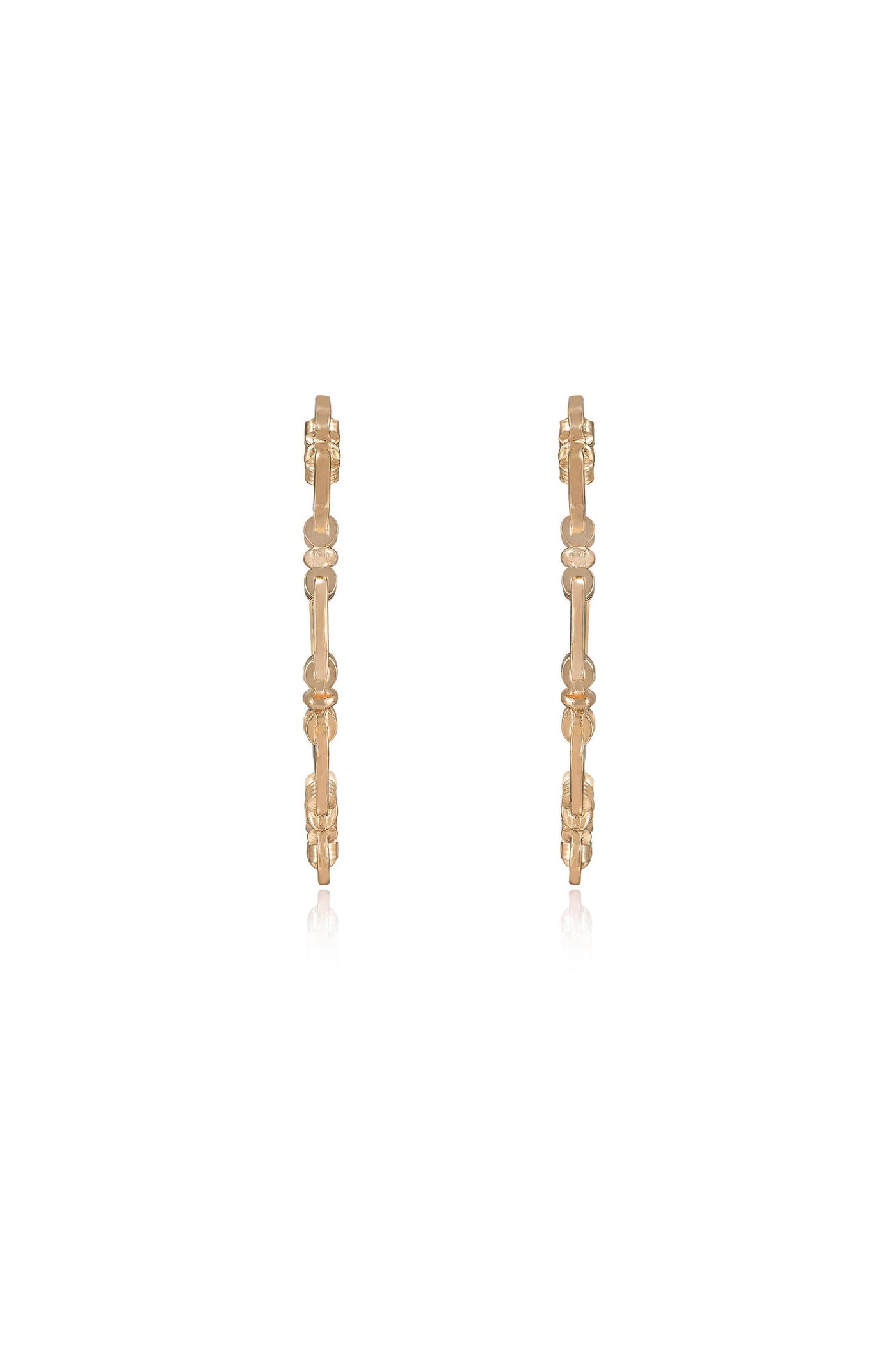 Gold hoop earrings feature a chain-like design with alternating solid and hollow sections. They are displayed against a plain white background, highlighting their elegant and minimalist style.