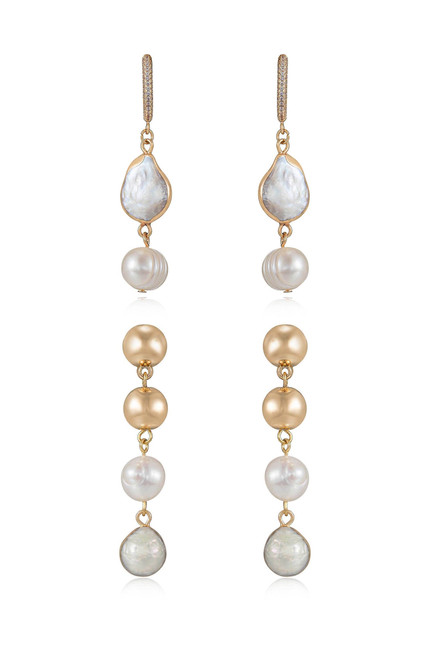 Two pairs of elegant drop earrings hang vertically, featuring a mix of gold-tone metal and various pearls, including white, cream, and gray. The design showcases a sophisticated, layered look.