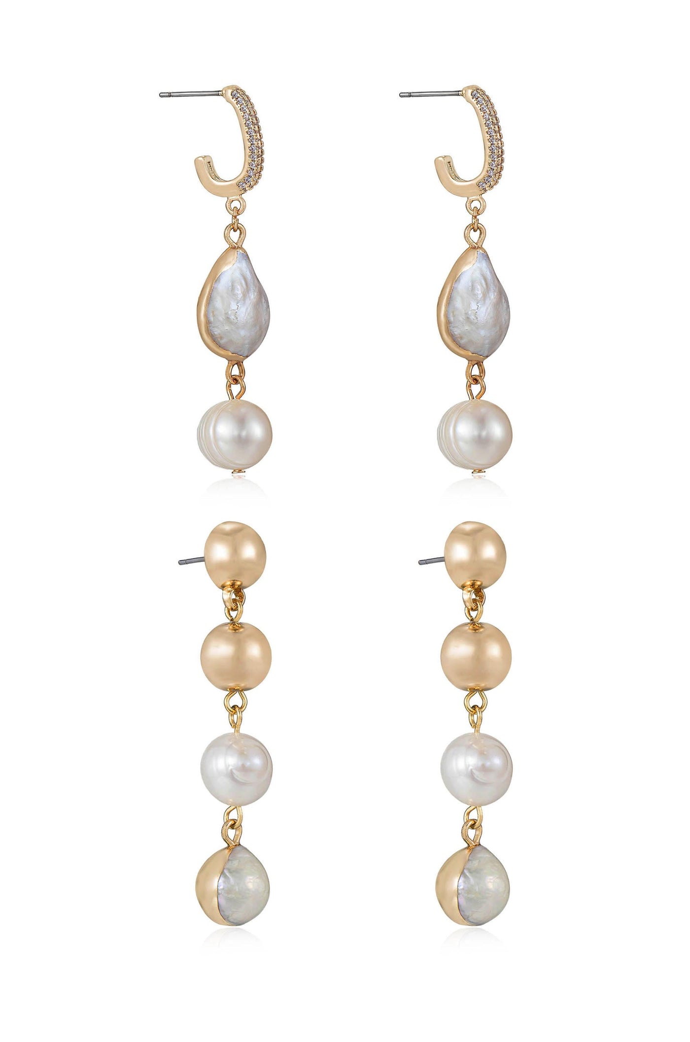 Elegant earrings feature a gold hoop with a teardrop-shaped pearl and multiple pearl beads hanging down. They are displayed against a neutral background, highlighting their sophisticated design.