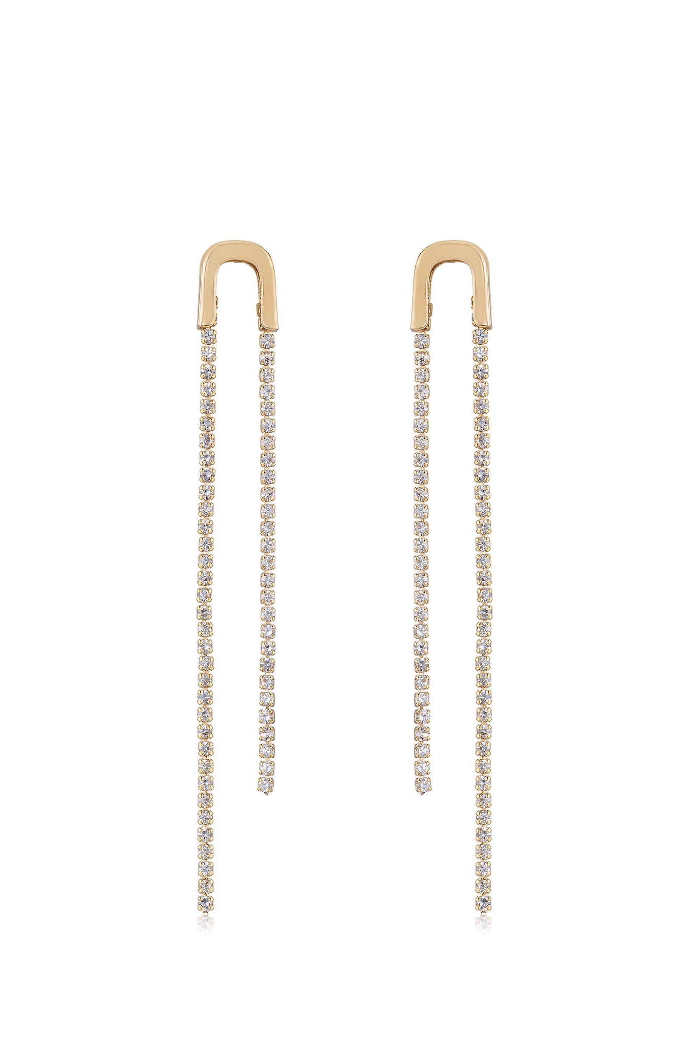Elegant earrings feature gold tops with two thin chains adorned with small, sparkling gemstones, suspended descent, suggesting a glamorous accessory suitable for formal occasions.