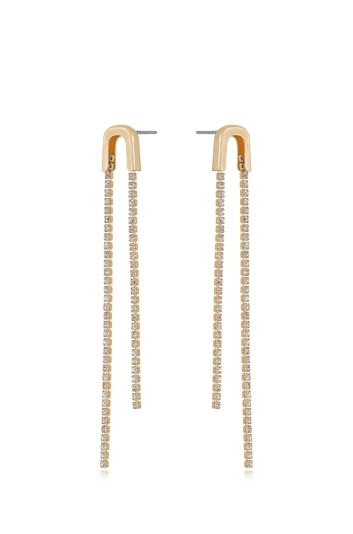 Dangling earrings feature a gold-toned upper section connecting to thin chains adorned with sparkling stones, creating a luxurious appearance suitable for formal or special occasions.