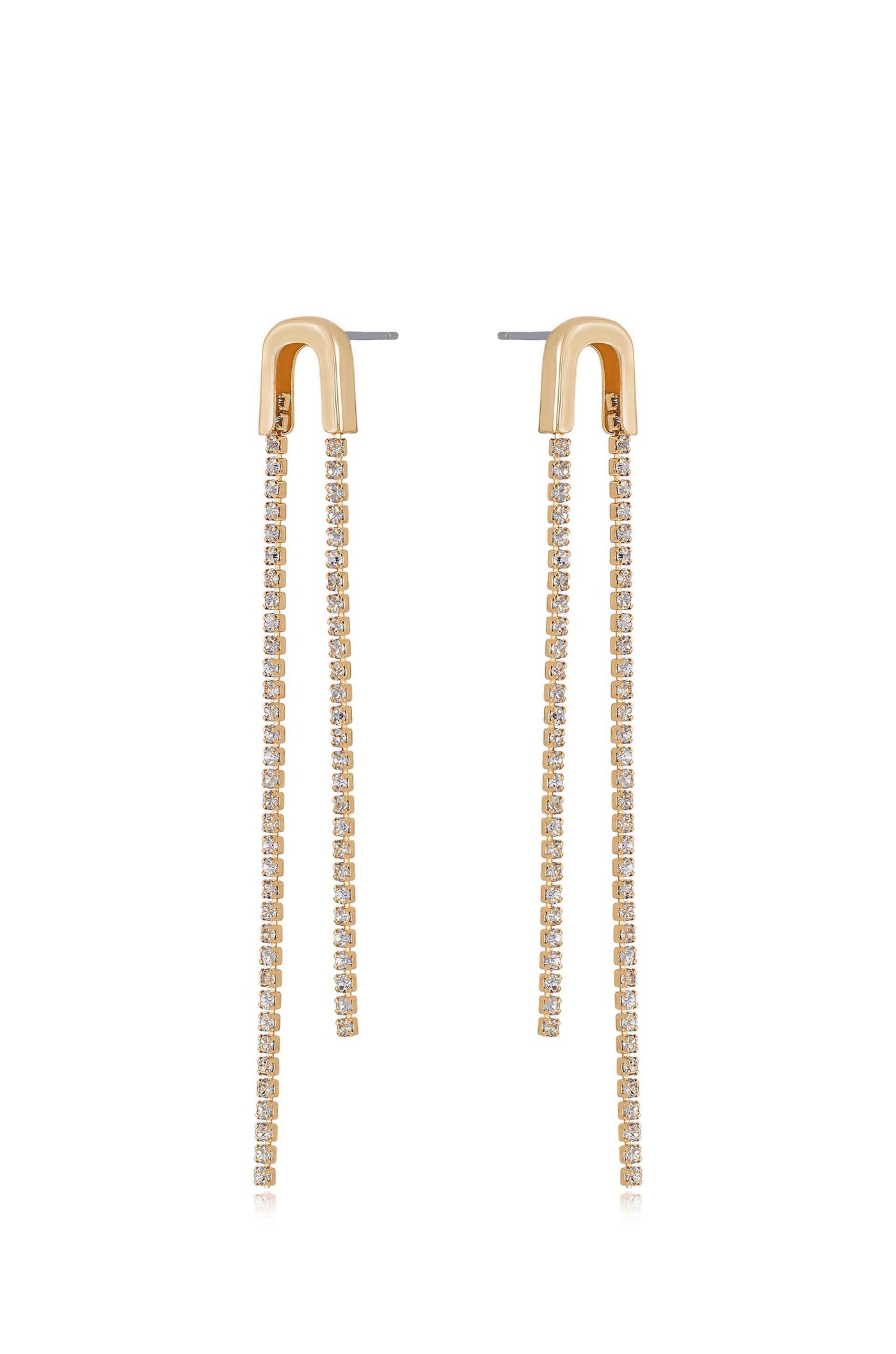 Dangling earrings feature a gold-toned upper section connecting to thin chains adorned with sparkling stones, creating a luxurious appearance suitable for formal or special occasions.