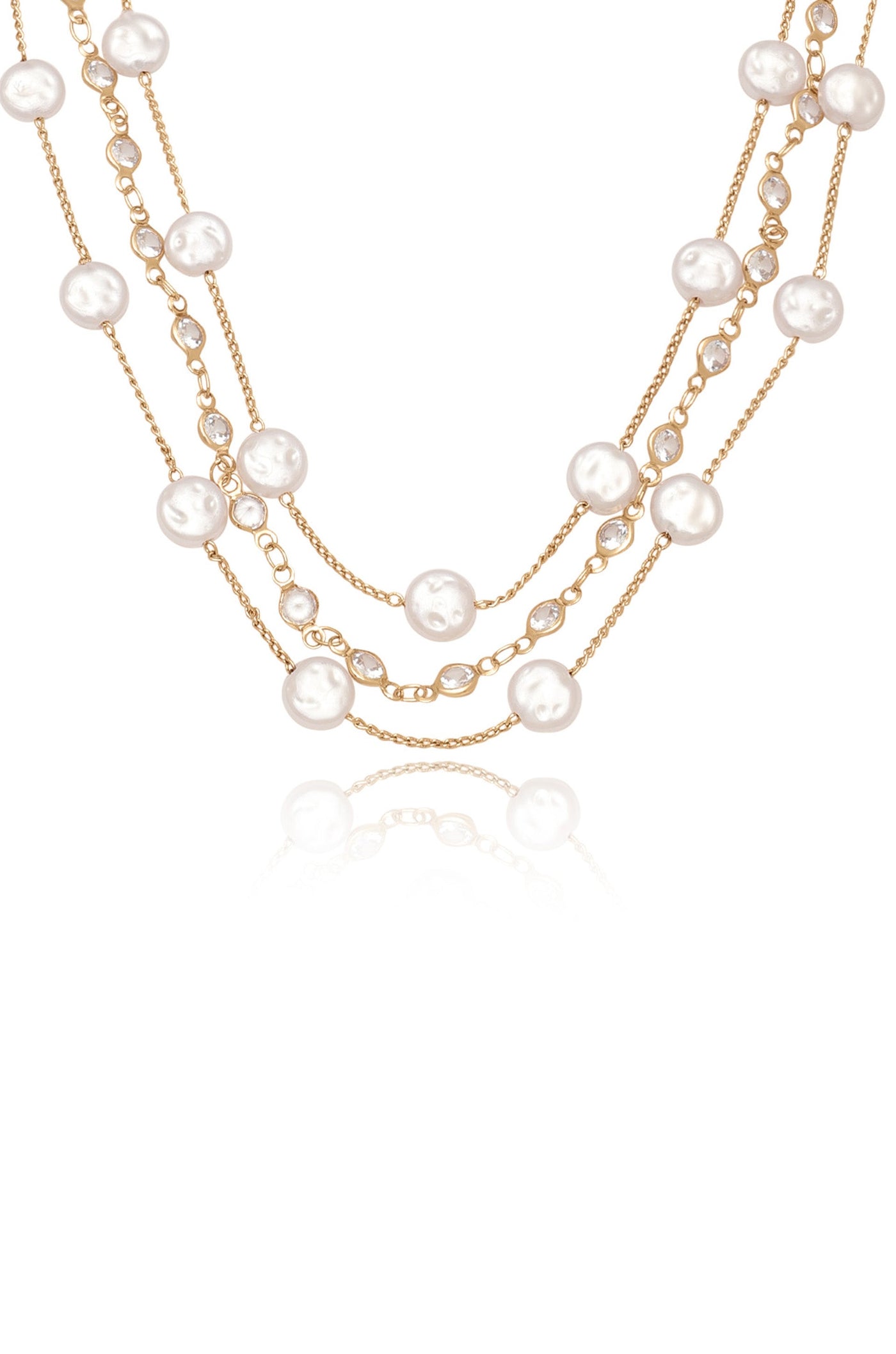 A multi-strand necklace features alternating pearls and crystal accents. The strands are made of gold-toned metal, creating a shimmering effect against a plain white background.