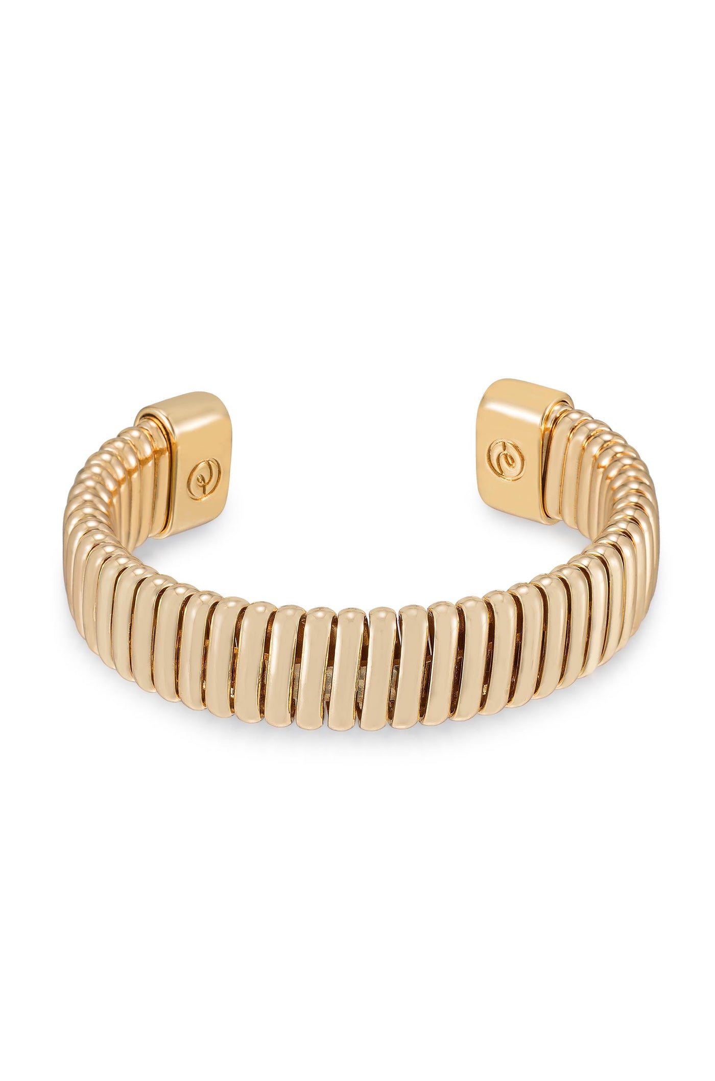 A gold-colored cuff bracelet features a flexible design with rounded, interlocking segments, showcasing a sleek, modern aesthetic suitable for casual or formal wear, emphasizing elegance and style.