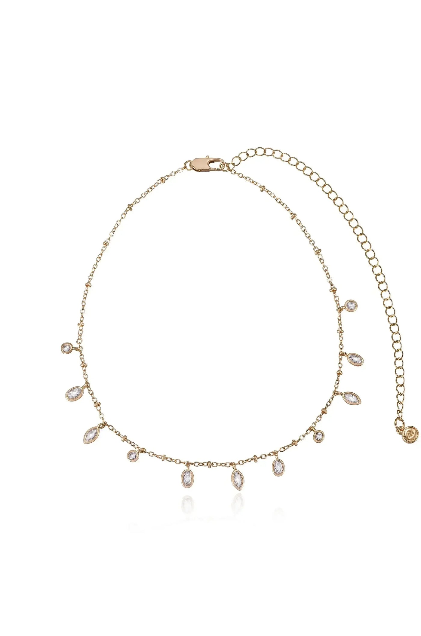 A delicate gold necklace features multiple teardrop-shaped gems hanging from a thin chain, showcasing a sparkling and elegant design against a plain white background.