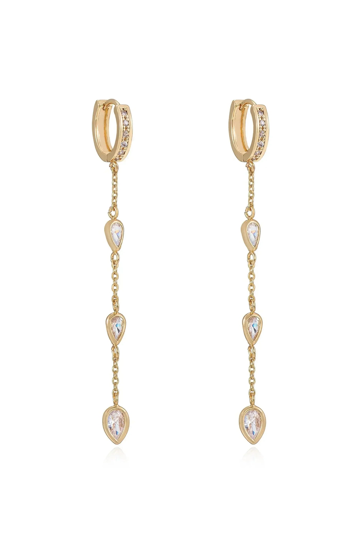 Elegant gold earrings feature a hoop design adorned with small crystals, from which three dangling teardrop-shaped gemstones descend, reflecting light against a neutral background.