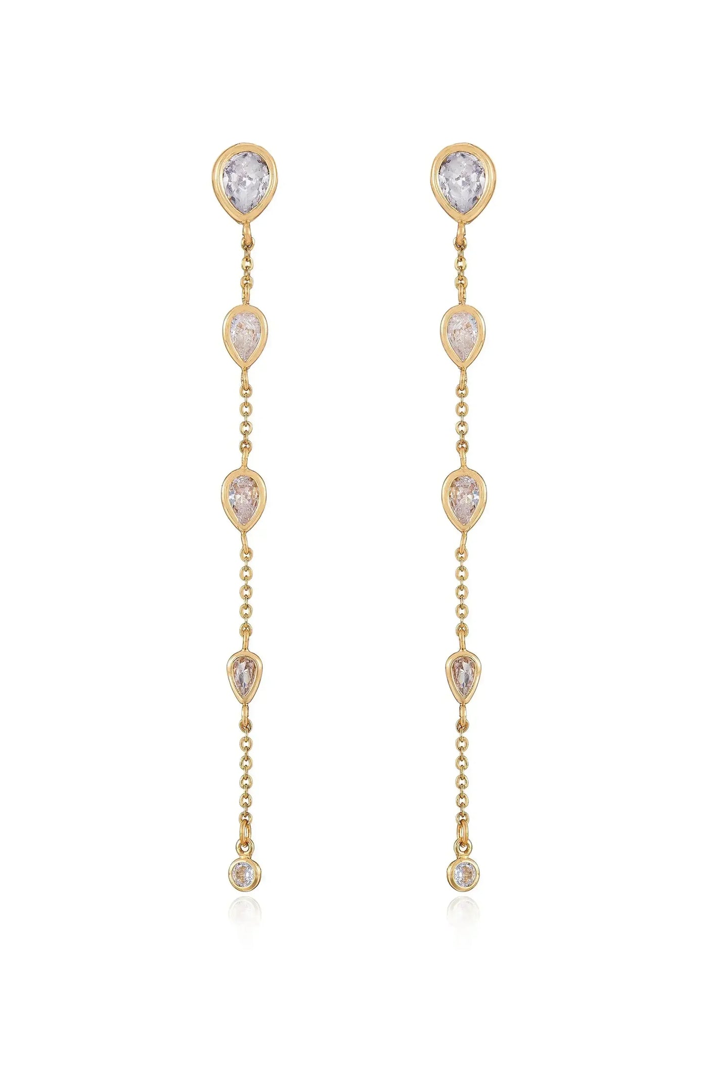 Gold earrings feature a linear design with alternating teardrop-shaped gemstones and circular accents. The earrings hang down, reflecting light elegantly in a neutral background.