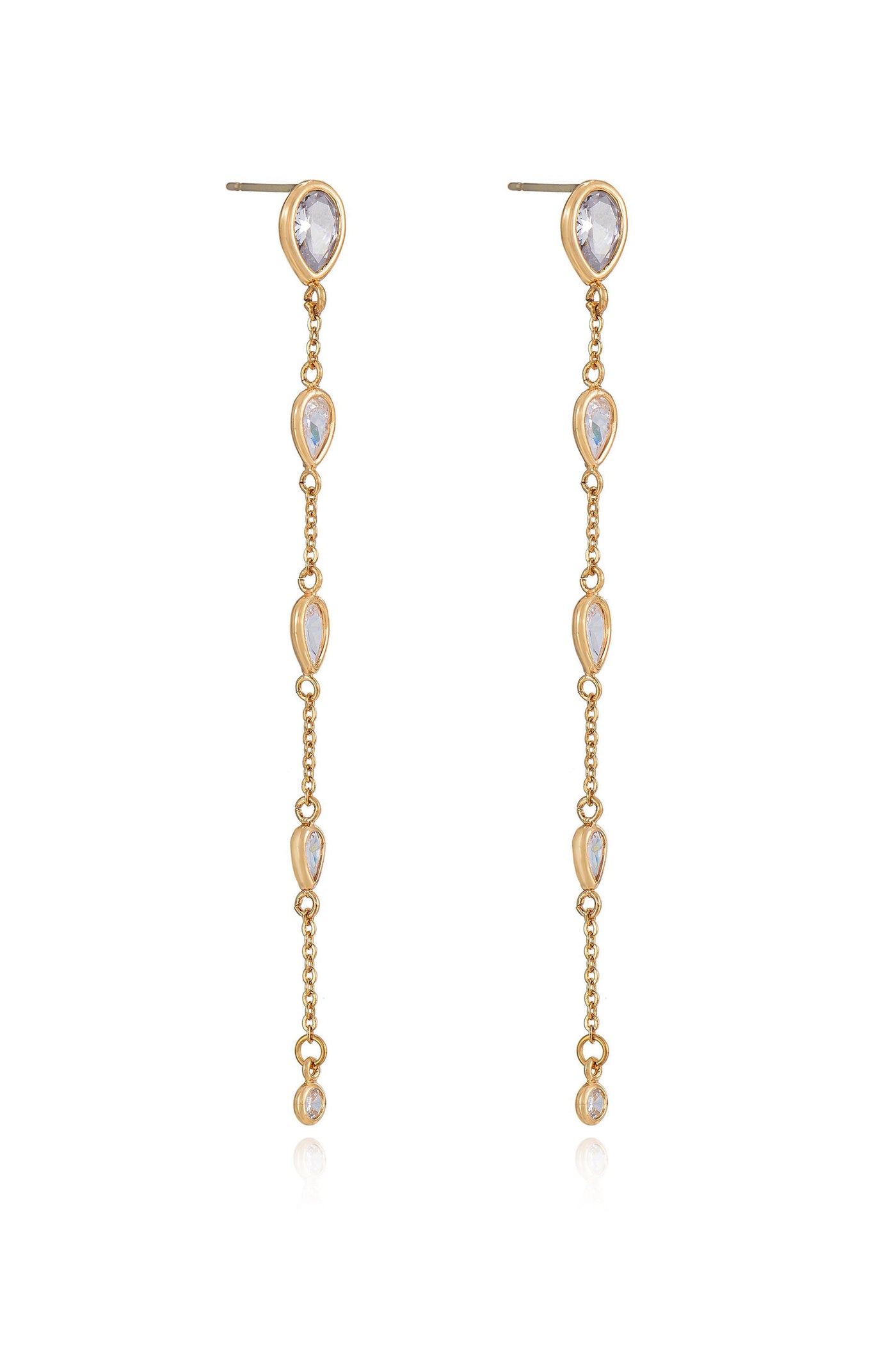 Gold dangle earrings hang vertically, featuring a series of teardrop-shaped gemstones. They glimmer subtly, showcasing elegance. The reflective surface indicates a polished finish, enhancing their decorative appeal.