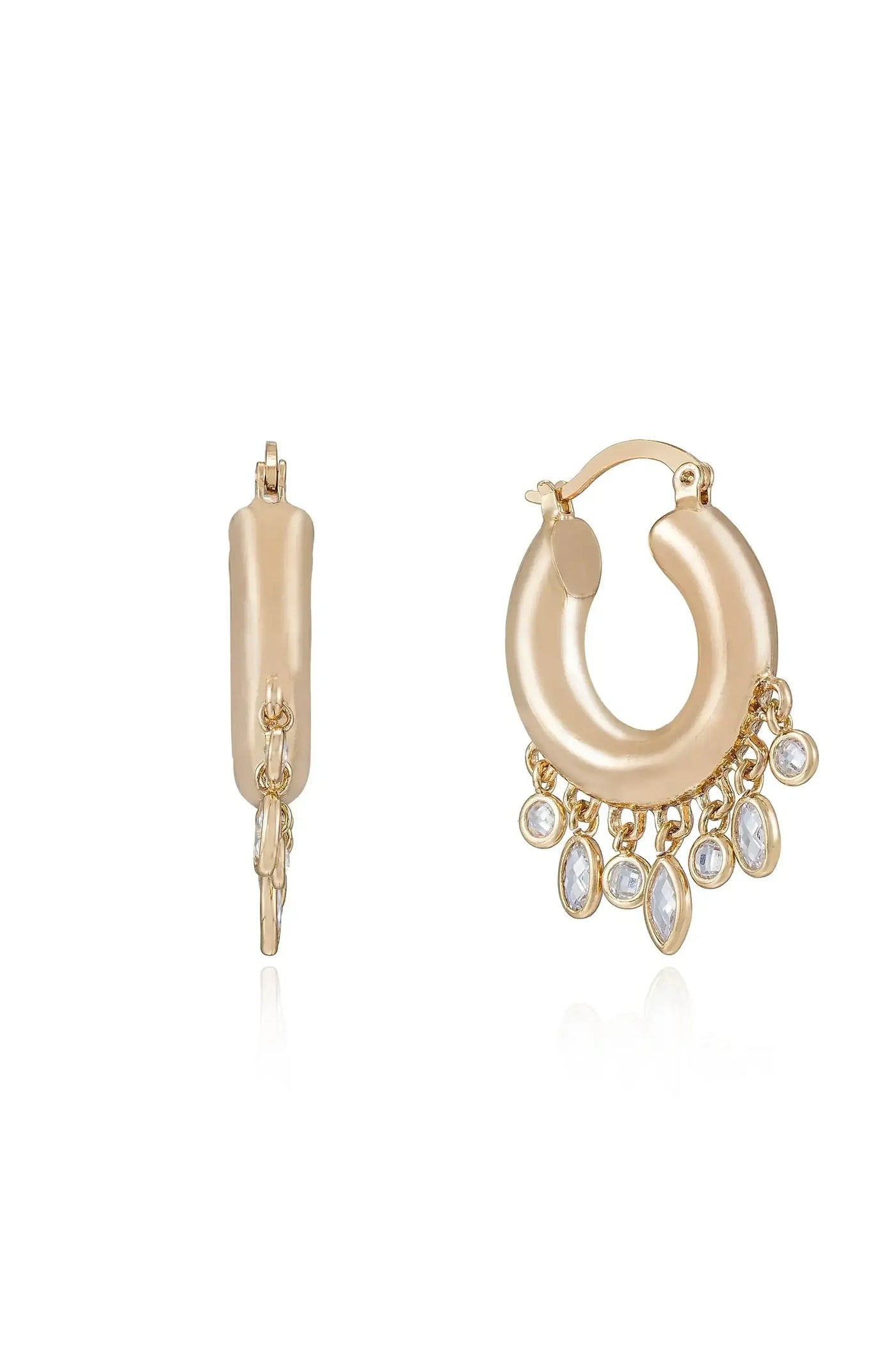 Gold hoop earrings with dangling clear gemstones hang elegantly, showcasing a polished surface and a clasp for fastening. They are displayed against a white background, highlighting their shine and design.