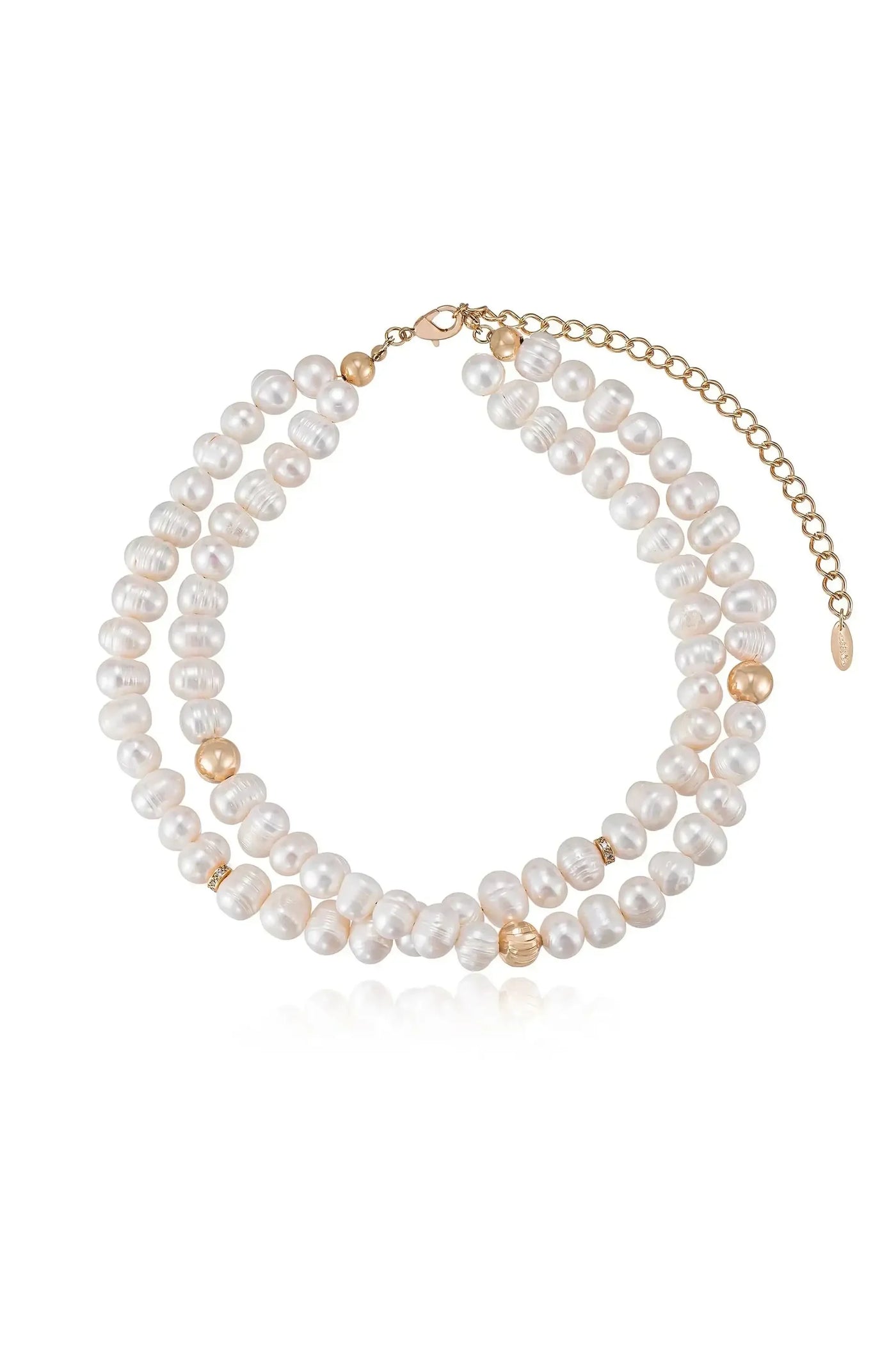 A multi-stranded pearl necklace with varying sizes of lustrous, round pearls, interspersed with gold beads, showcasing an elegant design, resting on a white background.
