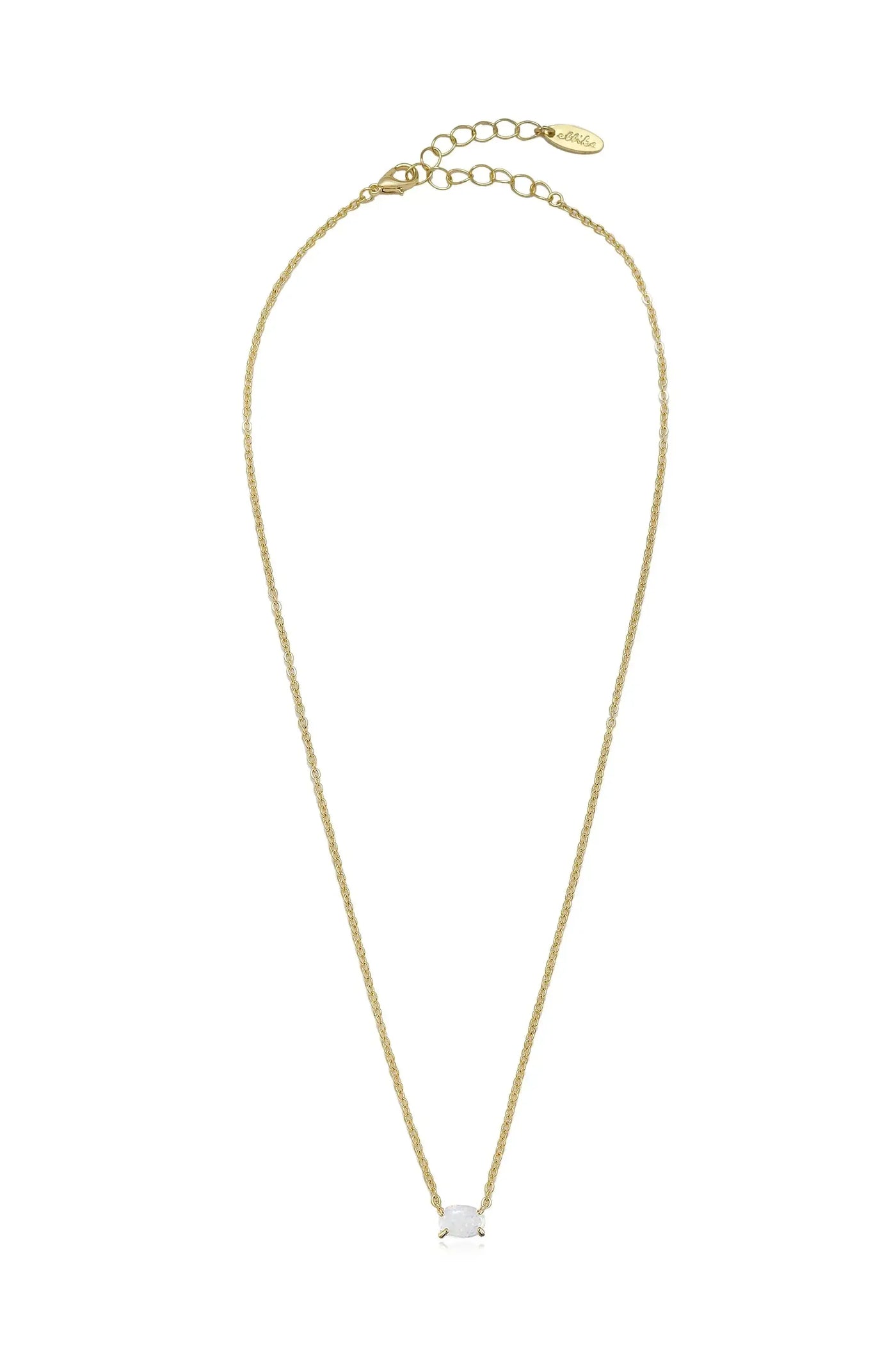A delicate gold necklace features a single oval opal pendant at the center. The thin chain is twisted and secured with a lobster clasp, adding an elegant touch.