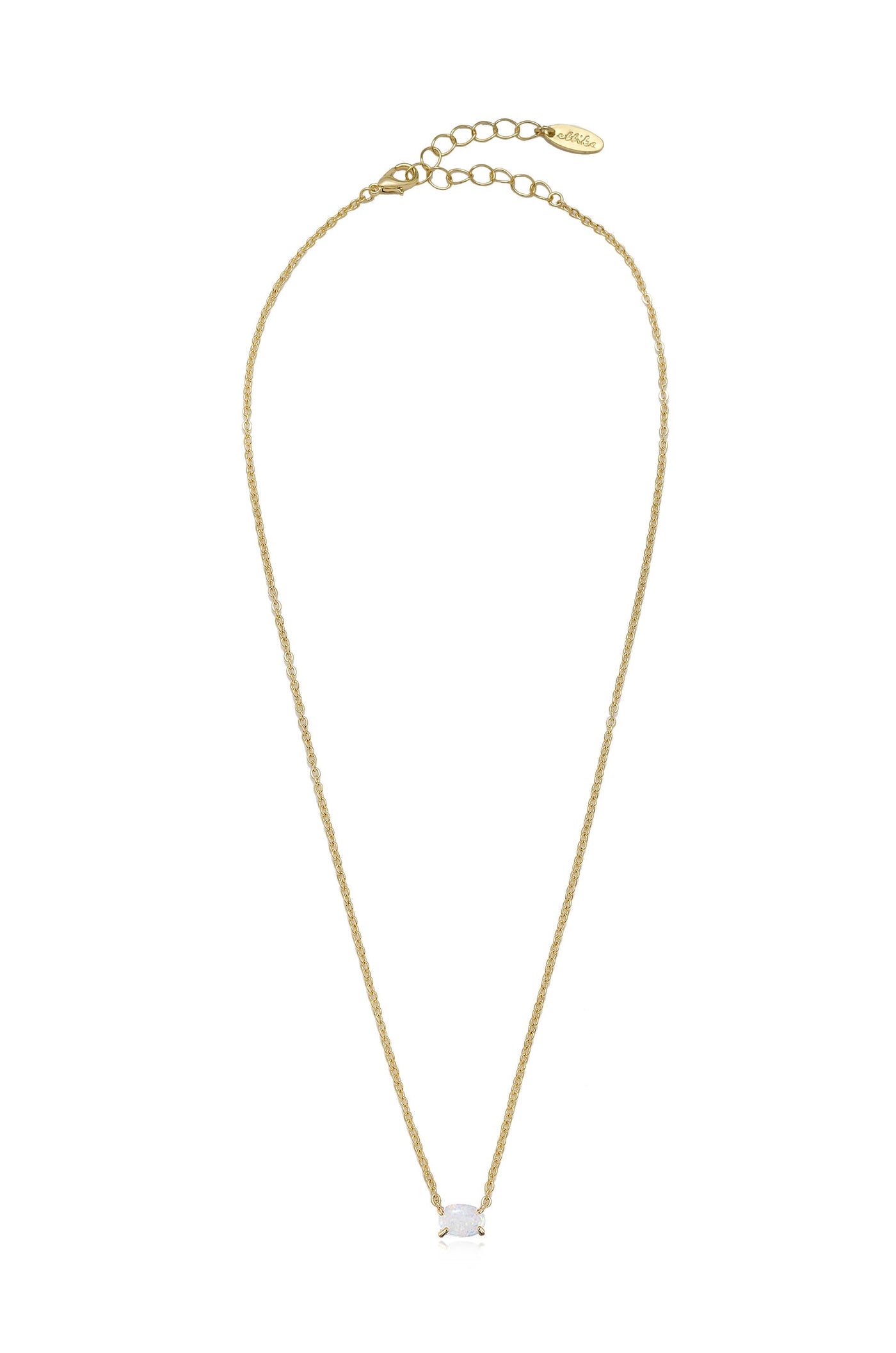 A delicate gold necklace features a single oval opal pendant at the center. The thin chain is twisted and secured with a lobster clasp, adding an elegant touch.