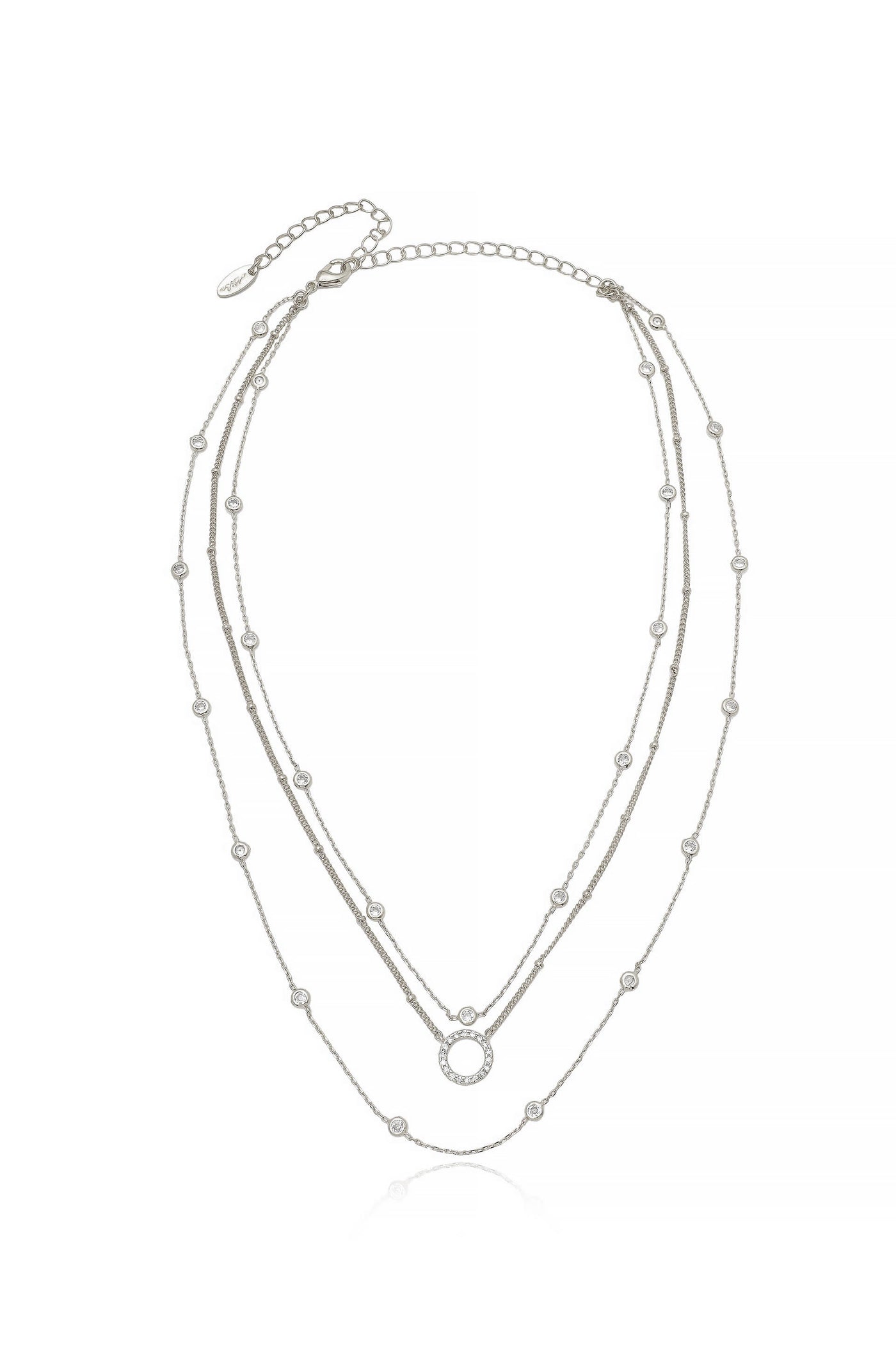 A silver multi-strand necklace features delicate chains adorned with small circular beads and a central ring pendant, all set against a white background, highlighting its elegance.