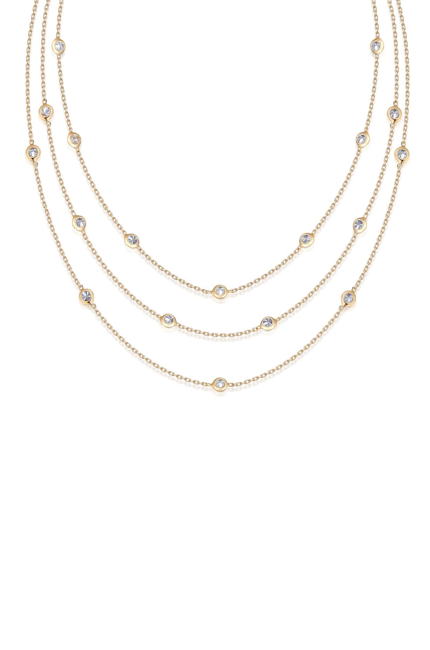 A layered gold necklace adorned with evenly spaced, circular gems rests against a plain white background, highlighting its elegant design and shimmering details.