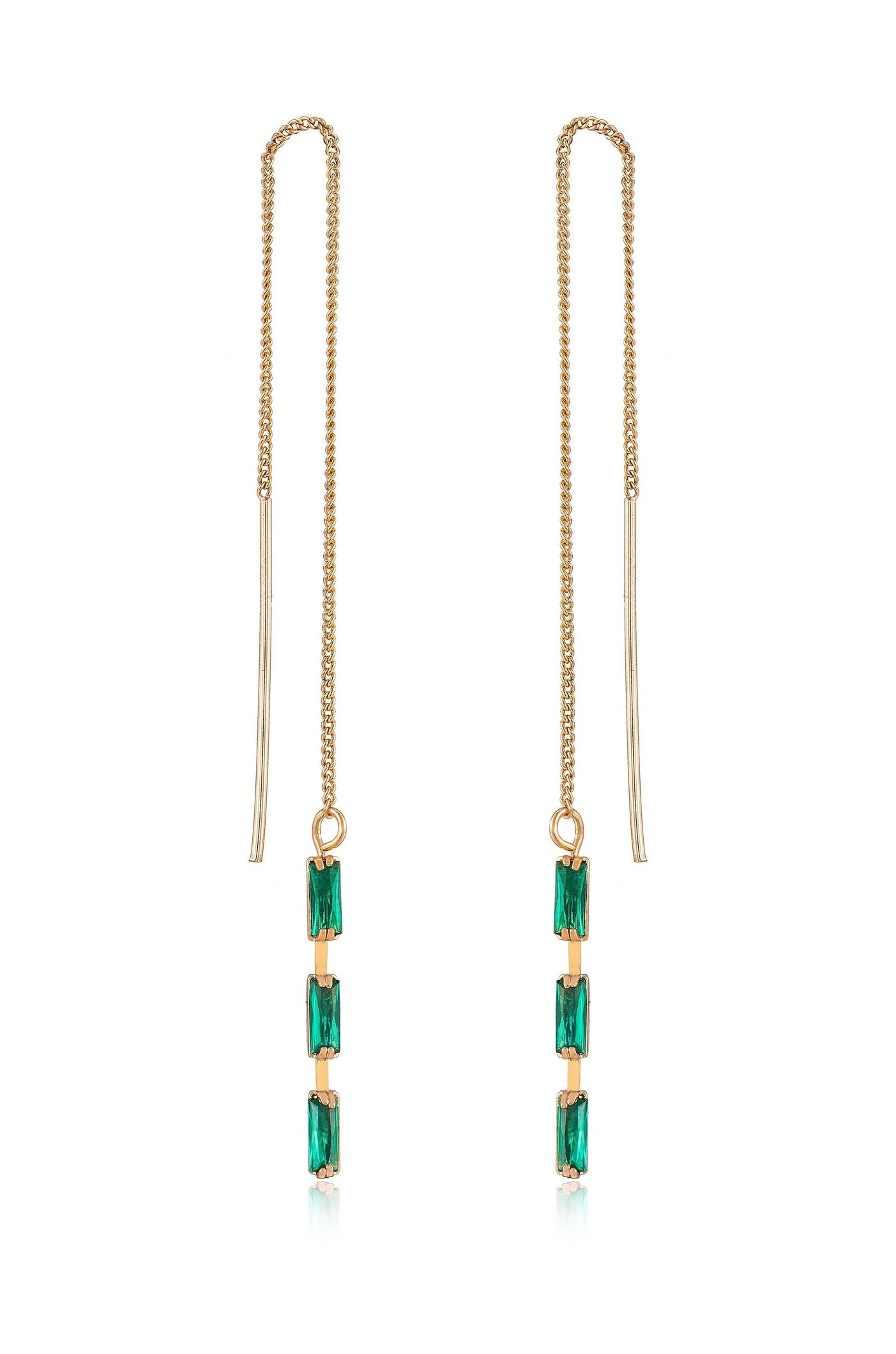Earrings featuring long gold chains with three vertical emerald-shaped green stones. The stones are set in gold accents, providing an elegant and contemporary design suitable for formal occasions.