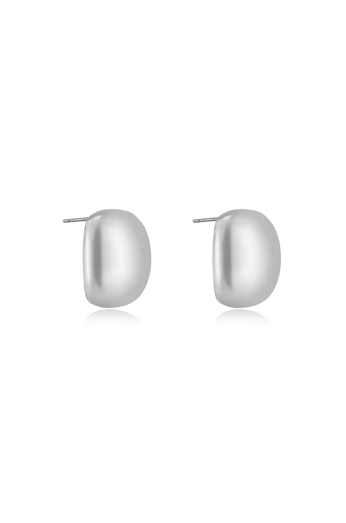 Two smooth, silver stud earrings are displayed side by side. They feature a rounded, organic shape, set against a white background, highlighting their reflective surface and minimalist design.