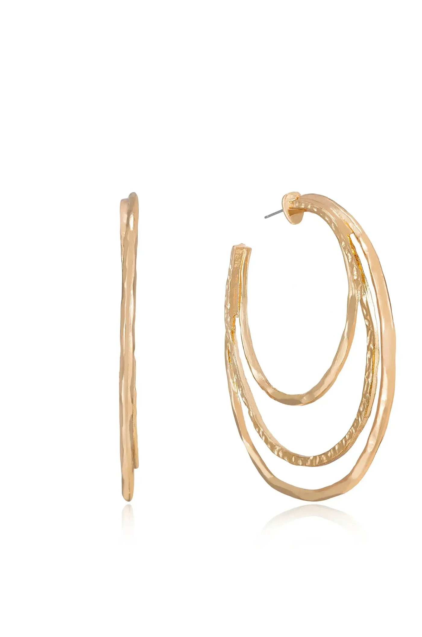 Gold hoop earrings with three intertwined, textured loops are displayed. The earrings are shown from the front and side, reflecting light against a white background.