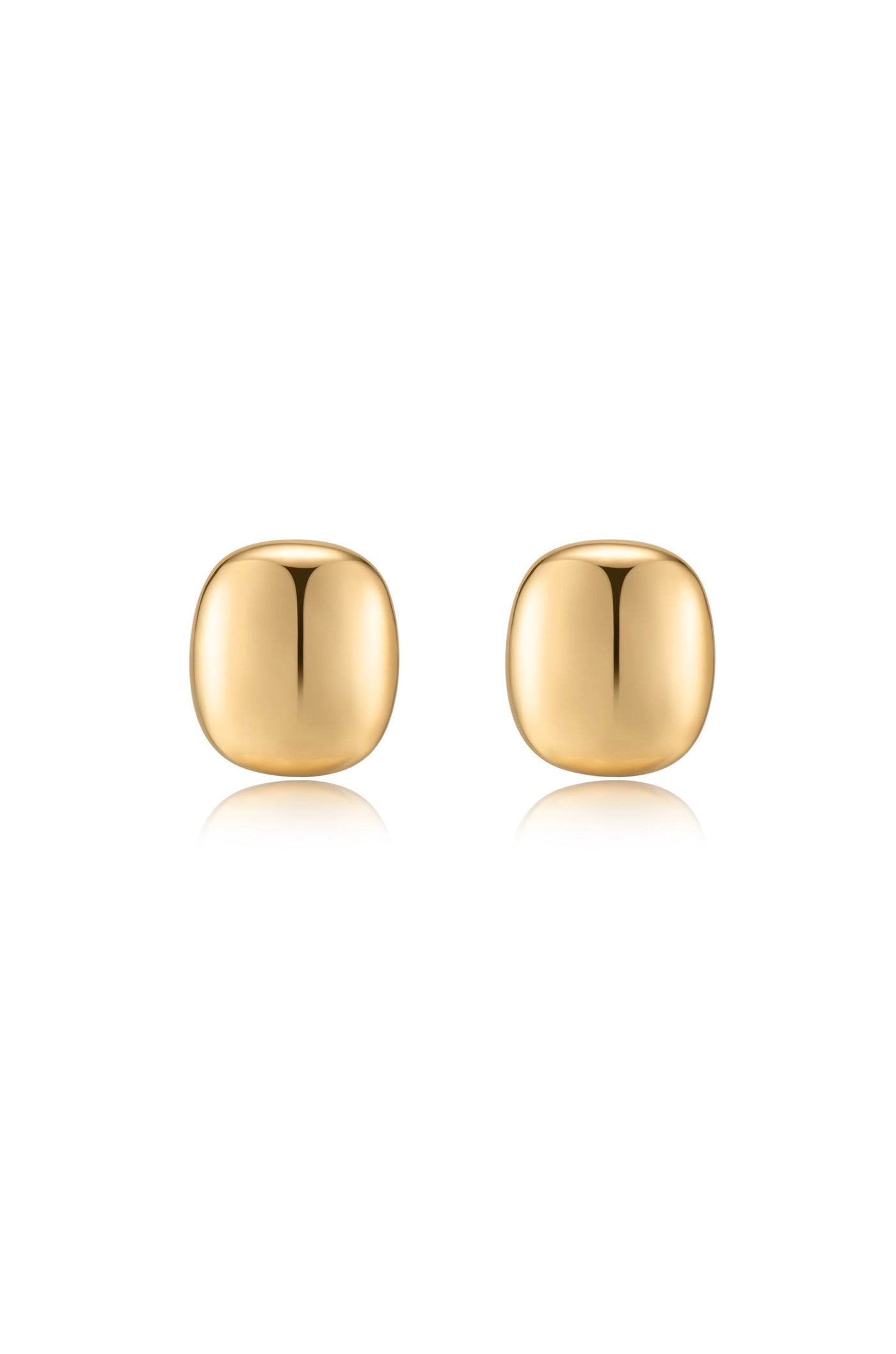 Two glossy, rounded gold earrings sit side by side, reflecting light. They are displayed against a plain white background, emphasizing their simplicity and elegance.