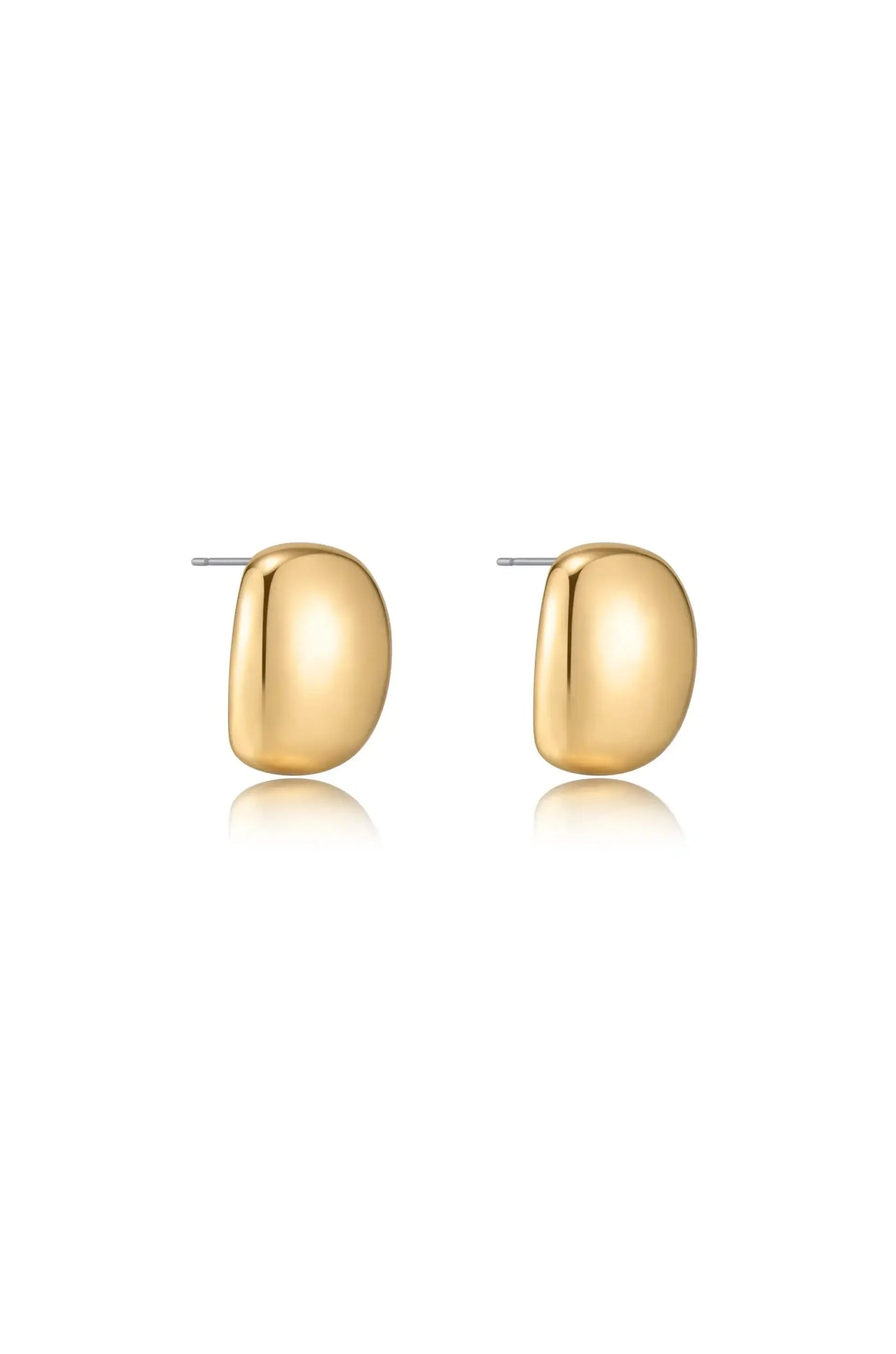 Two shiny gold stud earrings are displayed side by side, showcasing a smooth, rounded shape. The reflective surface accentuates their elegance against a minimalistic white background.