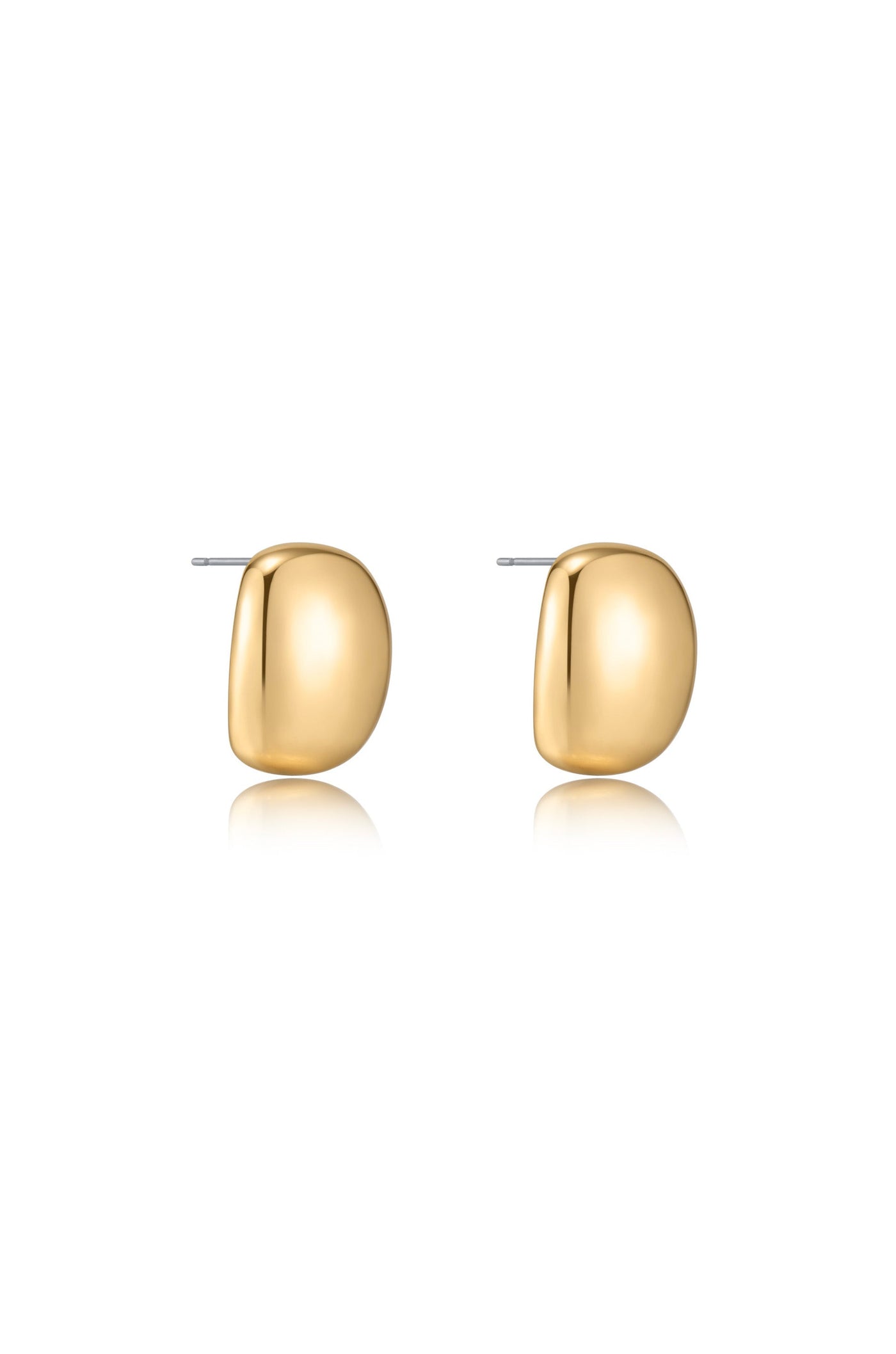 Two shiny gold stud earrings are displayed side by side, showcasing a smooth, rounded shape. The reflective surface accentuates their elegance against a minimalistic white background.