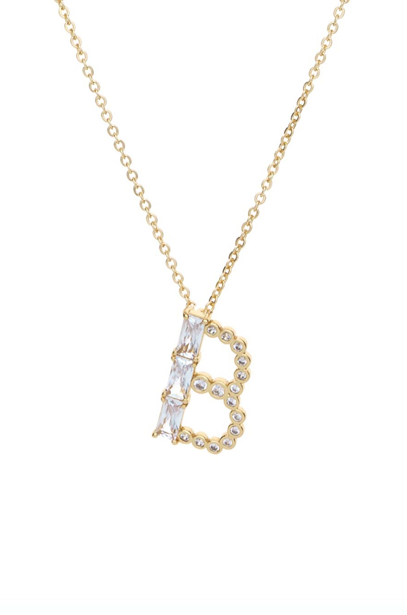 A gold necklace with a prominent letter "B" pendant features clear, sparkling gemstones. The necklace is showcased against a plain white background, highlighting its elegant design.