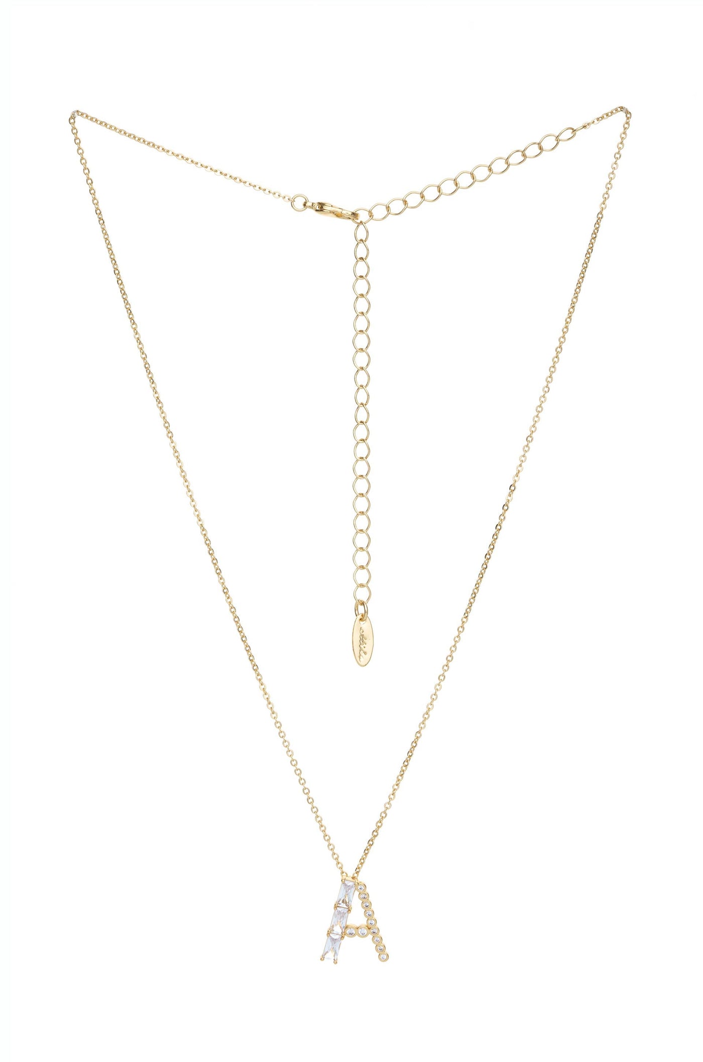 A gold necklace features a prominent letter "A" adorned with crystals. It hangs against a plain background, showcasing its elegant design, with a delicate chain and adjustable clasp.