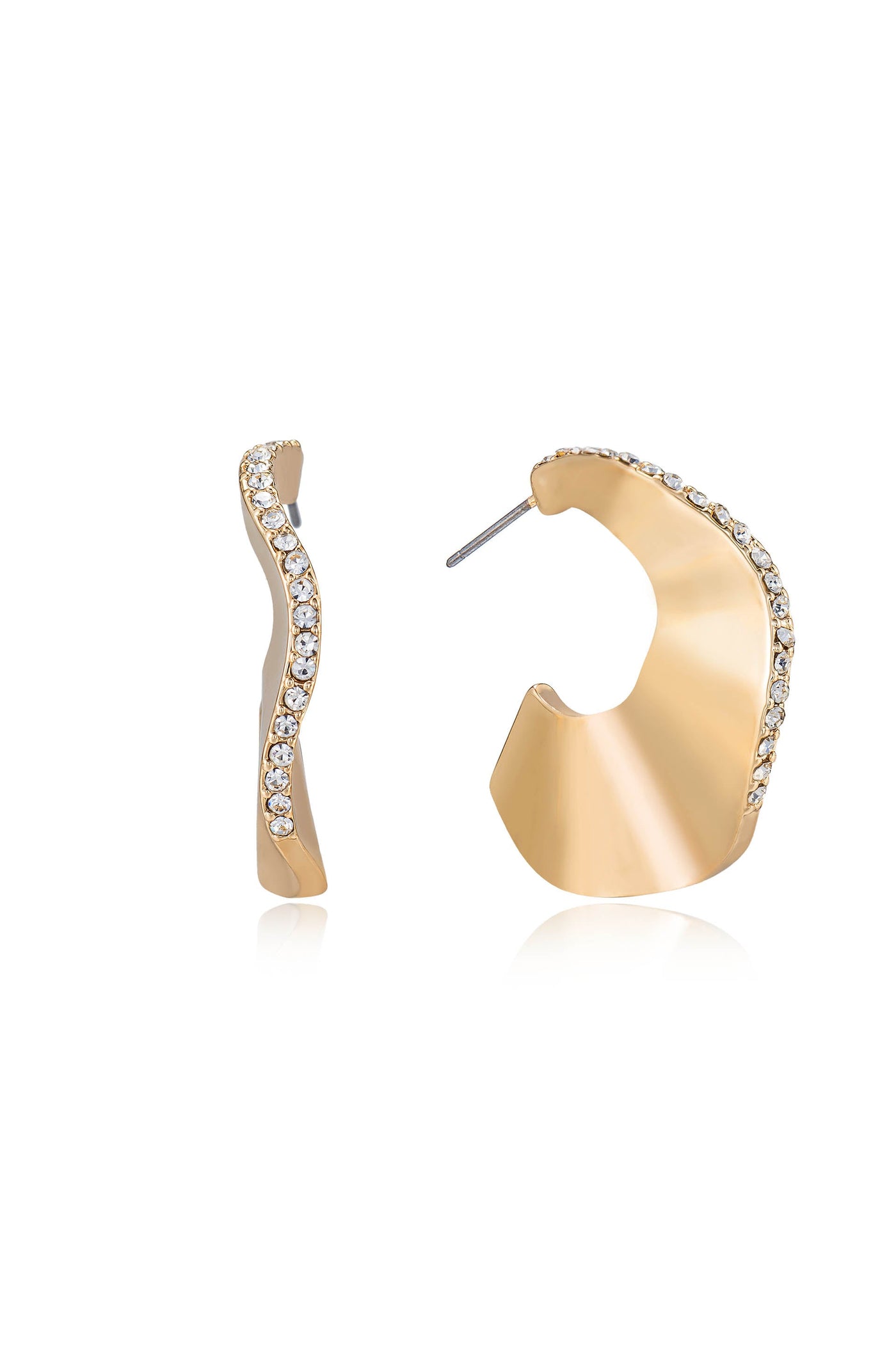 Two gold earrings are displayed side-by-side. One features a sleek curved design with a line of small sparkling stones, while the other has a wider open shape, reflecting light.