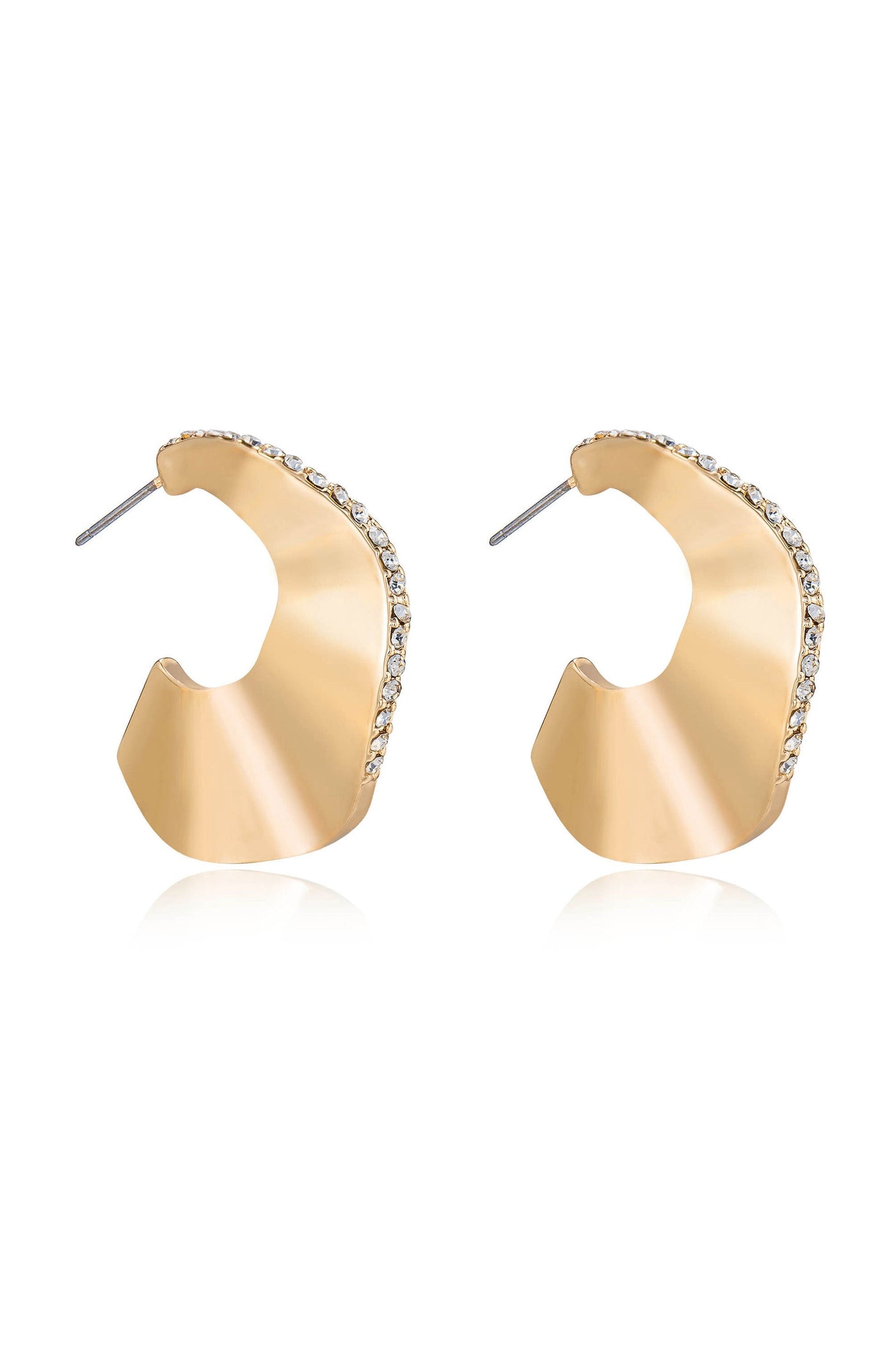 Two gold-tone hoop earrings are displayed, featuring a curved design and embellished with small clear stones along one edge, set against a plain white background.