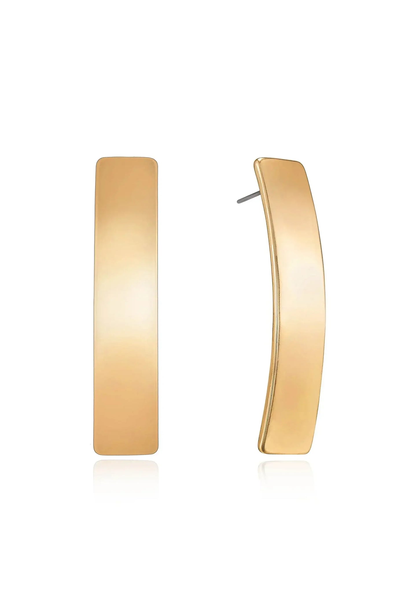 A pair of gold earrings, one flat and rectangular, the other slightly curved, are displayed upright. They reflect light on a smooth white surface, emphasizing their polished design.