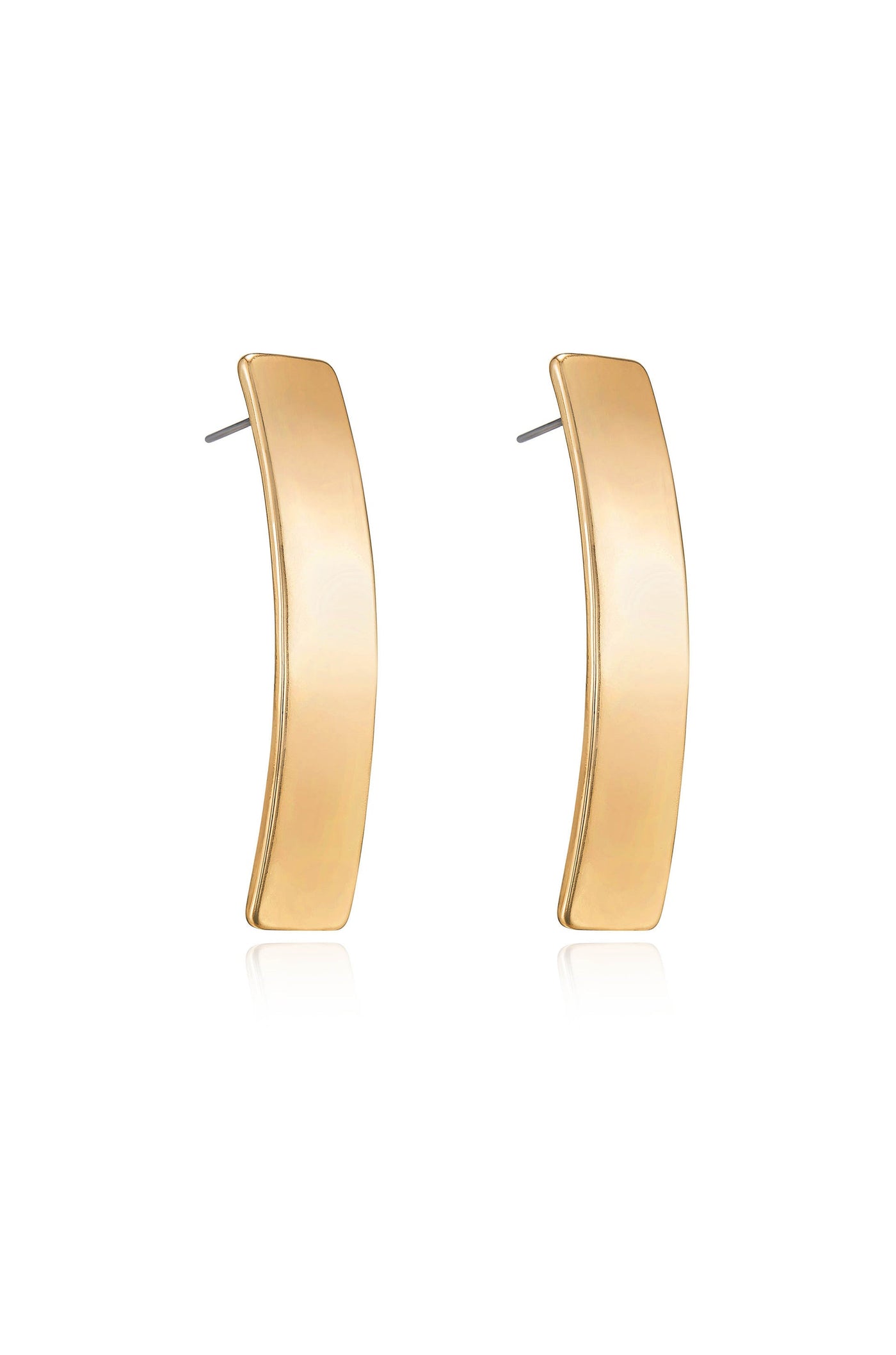 Two elongated, curved gold earrings are displayed upright, showcasing their smooth surface and reflective finish against a white background, emphasizing their modern, minimalist design.