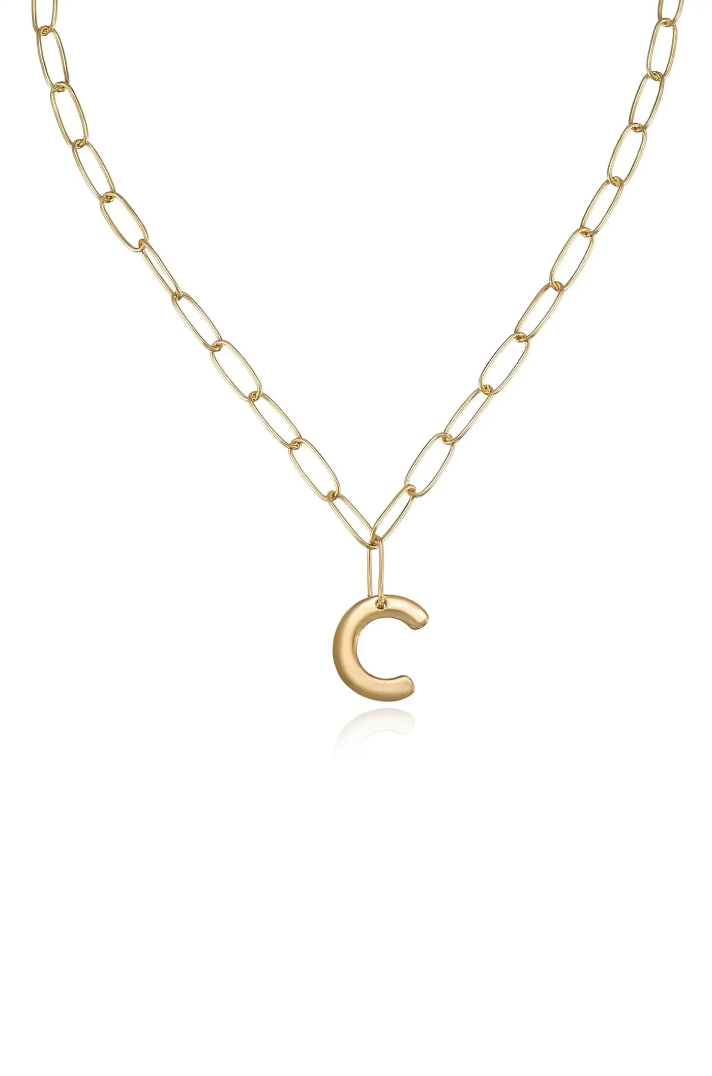 A gold chain necklace features an oval-link design and displays a prominent, polished letter "C" charm, against a plain white background that emphasizes its elegance and simplicity.