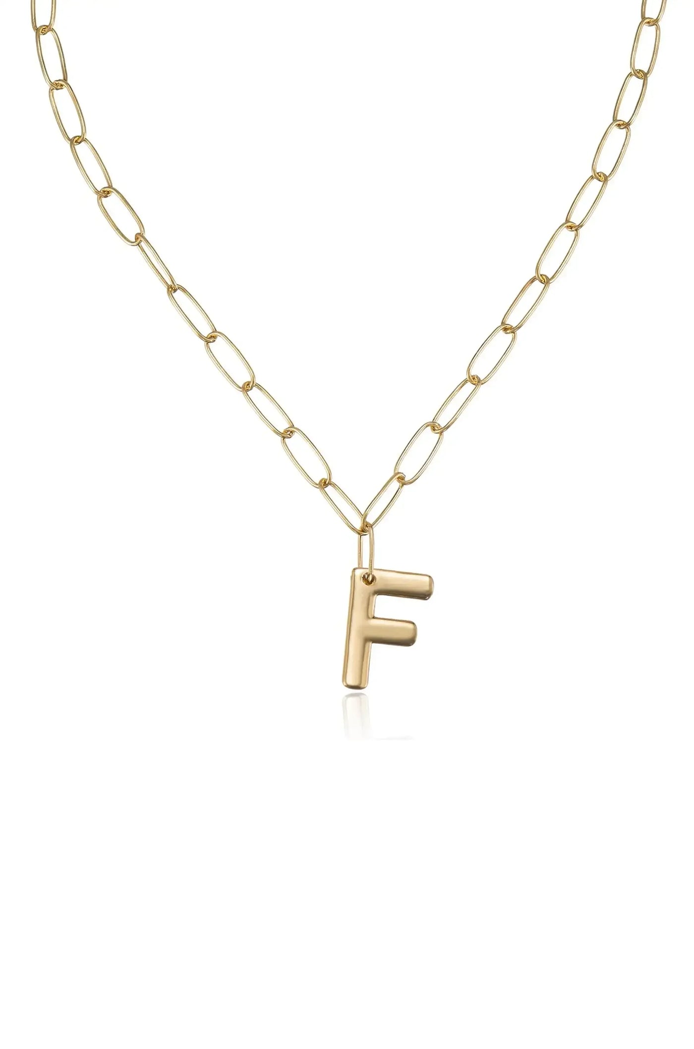 A gold chain necklace features an oversized letter "F" charm, hanging prominently in the center against a plain white background, highlighting the jewelry's sleek design and shine.