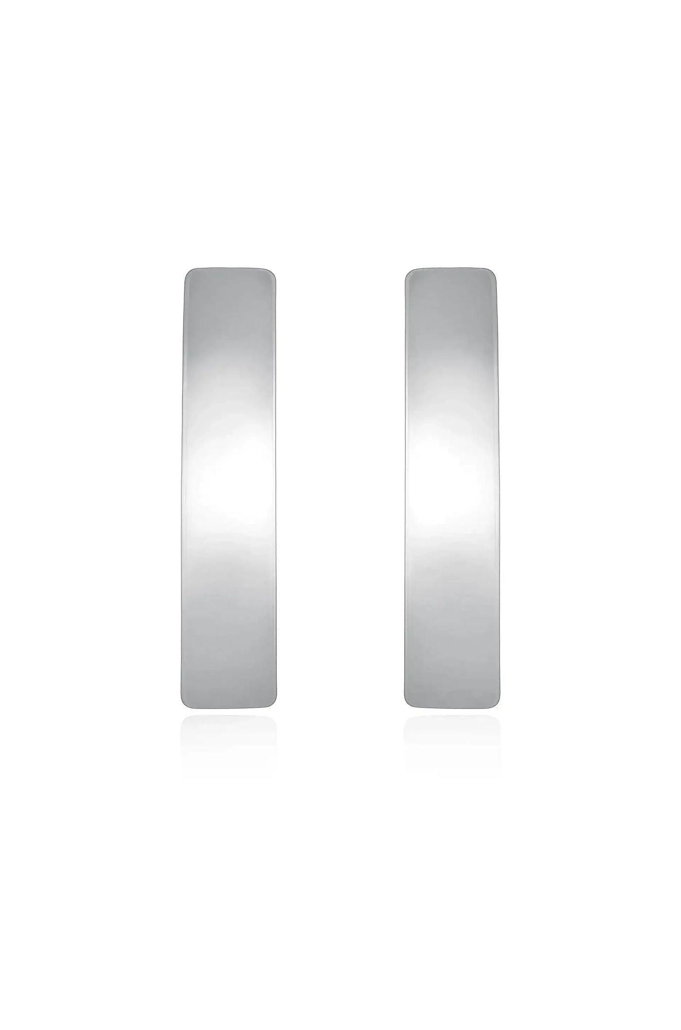 Silver rectangular earrings are displayed, showing a polished, reflective surface. They are positioned symmetrically against a plain white background, emphasizing their sleek and modern design.