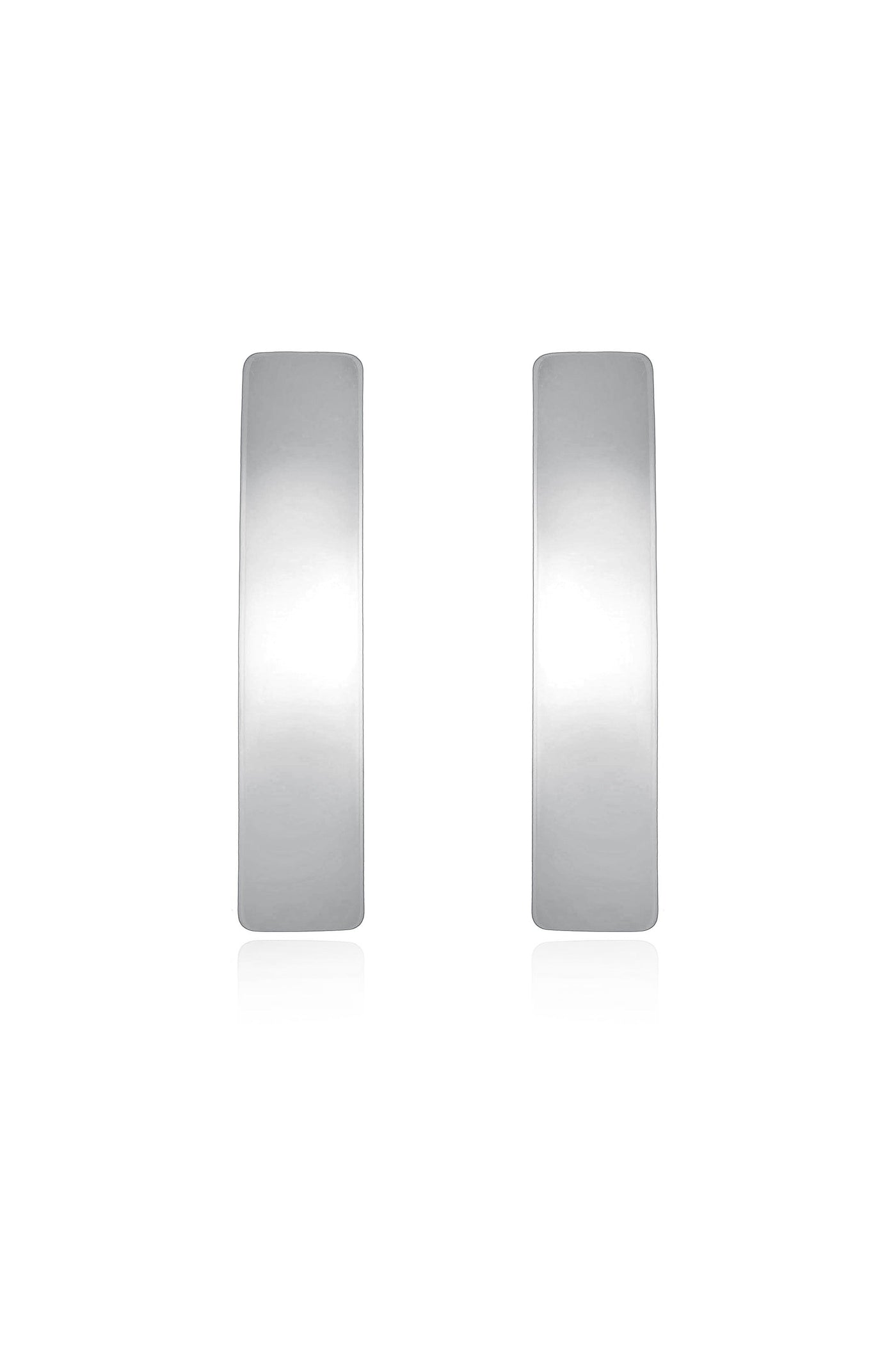 Silver rectangular earrings are displayed, showing a polished, reflective surface. They are positioned symmetrically against a plain white background, emphasizing their sleek and modern design.