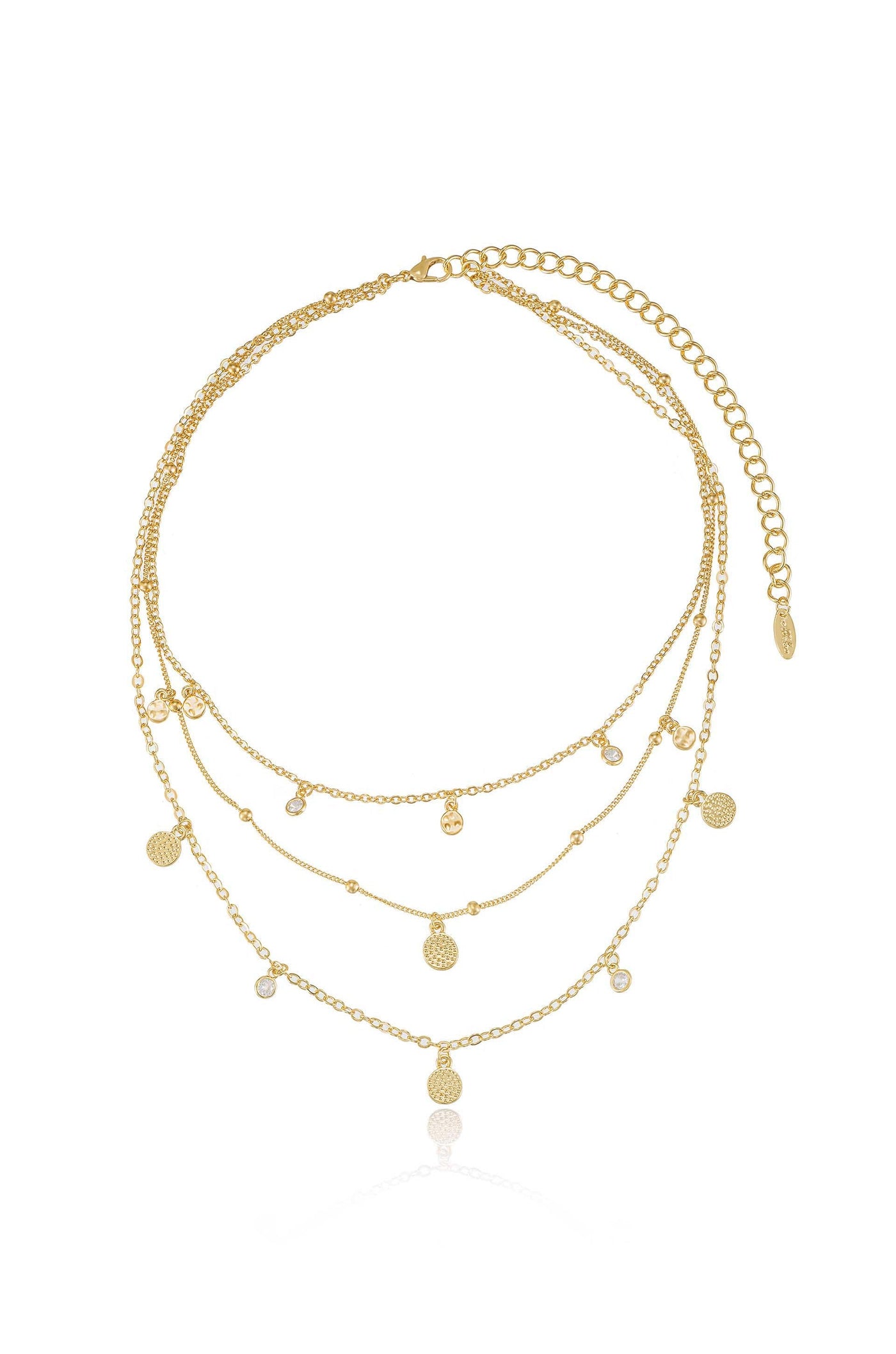 A three-tiered gold necklace featuring multiple delicate chains, adorned with small circular and sparkling charms. It appears elegant and ready for wear, set against a plain white background.