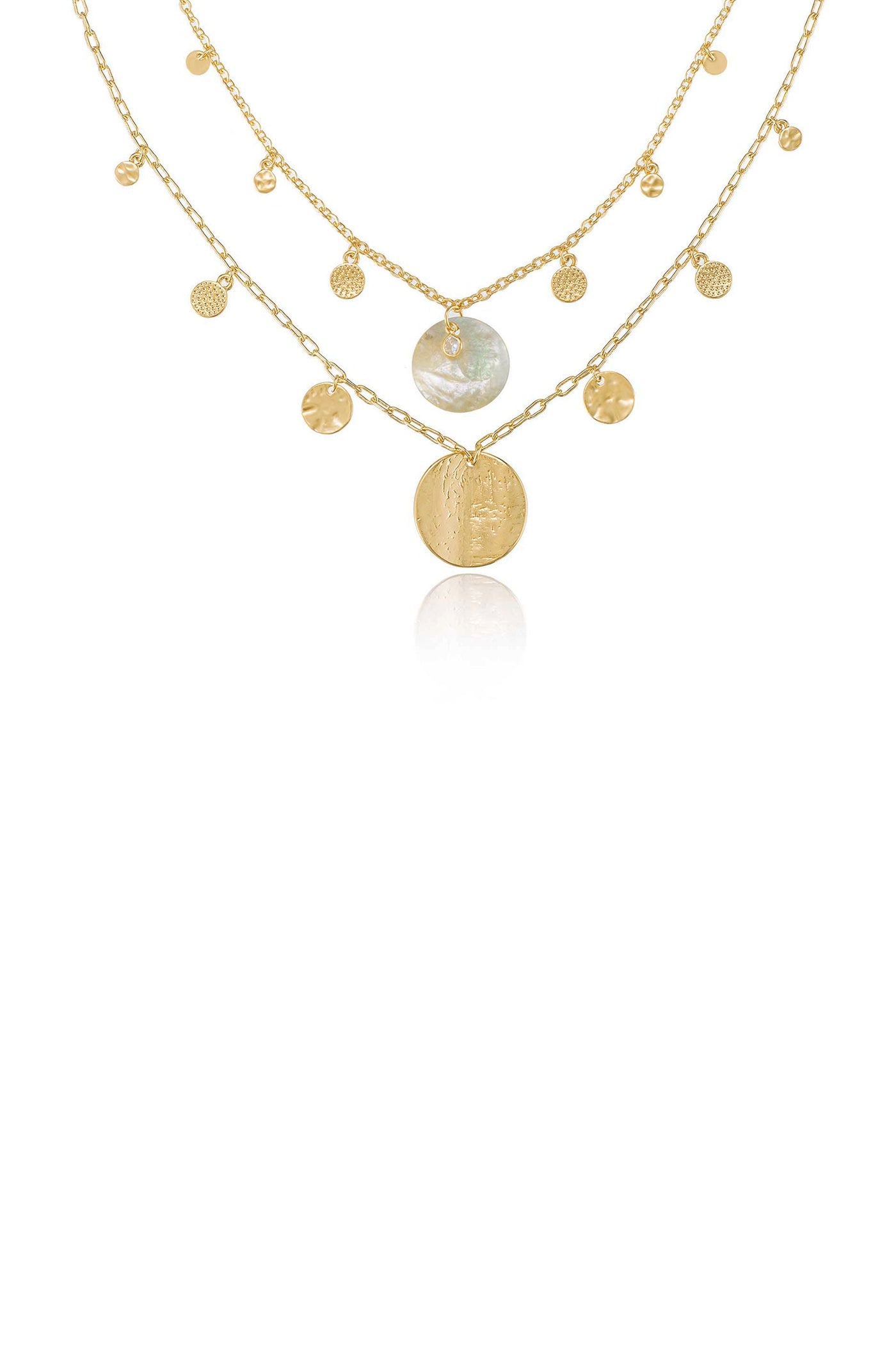 A layered gold necklace features various circular charms, including a prominent iridescent pearl and textured discs, all elegantly arranged on delicate chains against a white background.