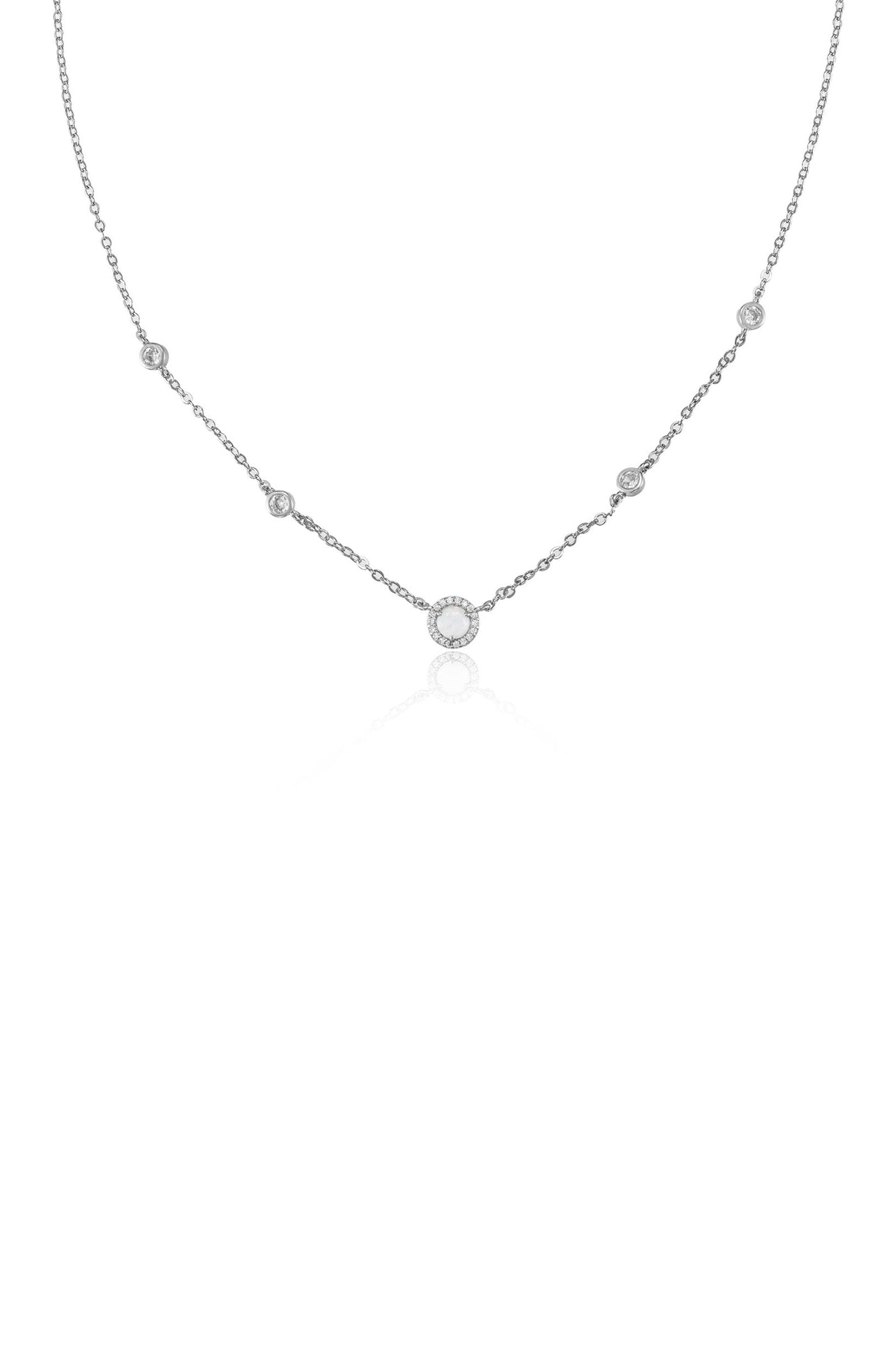 A delicate silver necklace features a central circular pendant surrounded by smaller stones, elegantly suspended from a thin chain against a plain white background, highlighting its refined design.