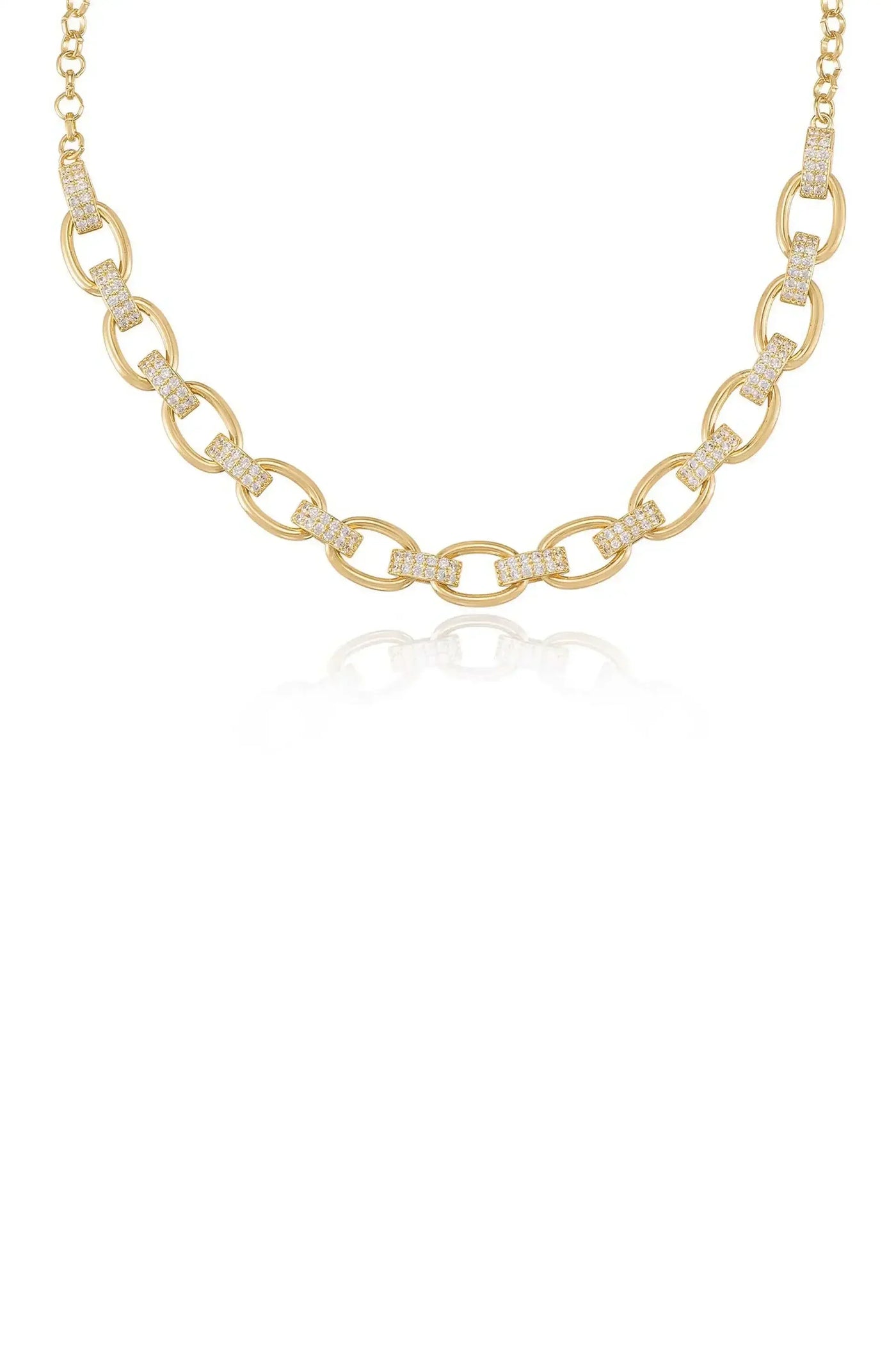 A gold chain necklace features interlinked oval links, adorned with sparkling diamonds on selected sections, against a white background, reflecting elegance and luxury.