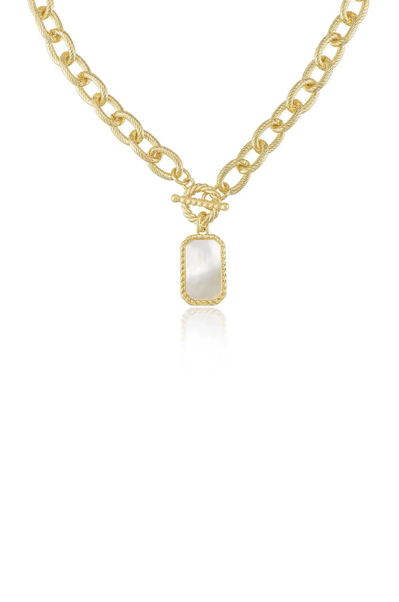 A gold chain necklace features a rectangular pendant with a smooth surface. The necklace is showcased against a plain white background, highlighting its shiny, reflective details.
