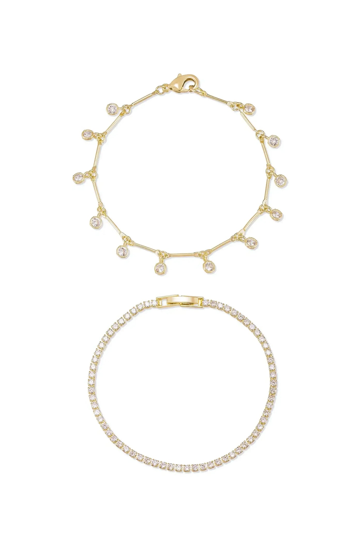 Two bracelets are displayed against a white background. The top bracelet features gold links with alternating small clear gemstones, while the bottom is a solid gold band set with closely arranged sparkling stones.