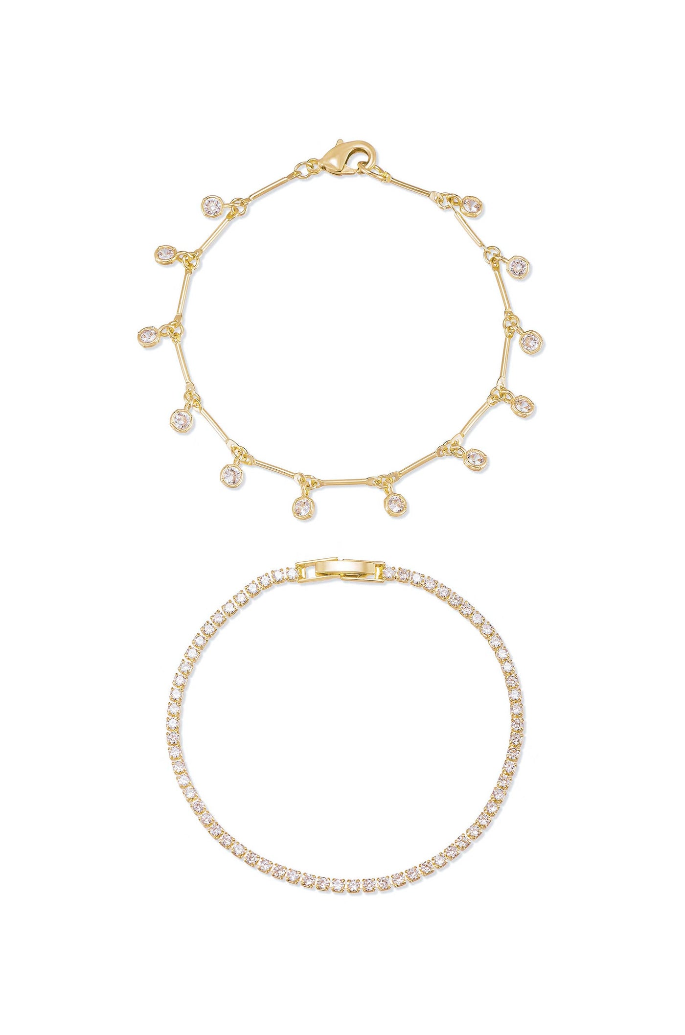 Two bracelets are displayed against a white background. The top bracelet features gold links with alternating small clear gemstones, while the bottom is a solid gold band set with closely arranged sparkling stones.